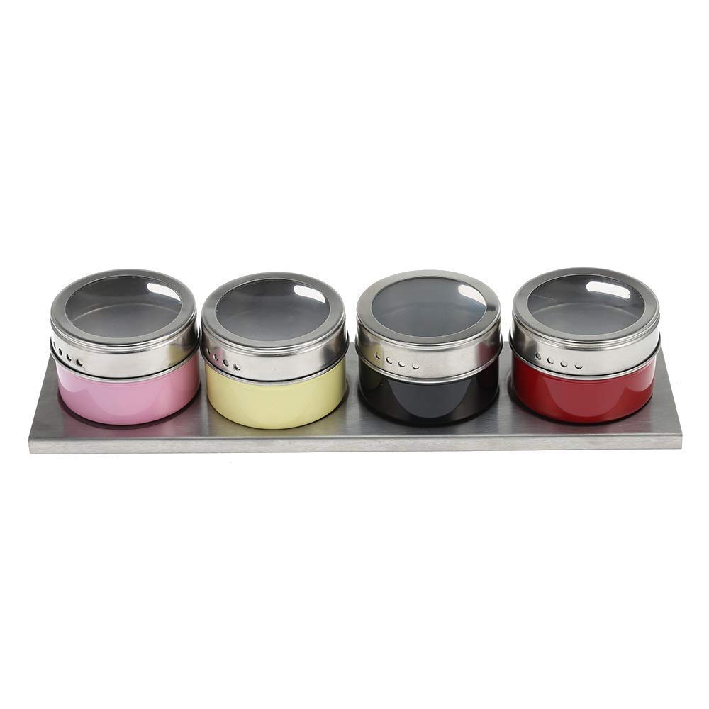 4-Piece Stainless Steel Magnetic Spice Jars Set - Transparent Kitchen Seasoning Bottles for Salt, Sugar & Spices - Colorful Spice Storage Organizer for BBQ, Cooking & Dining