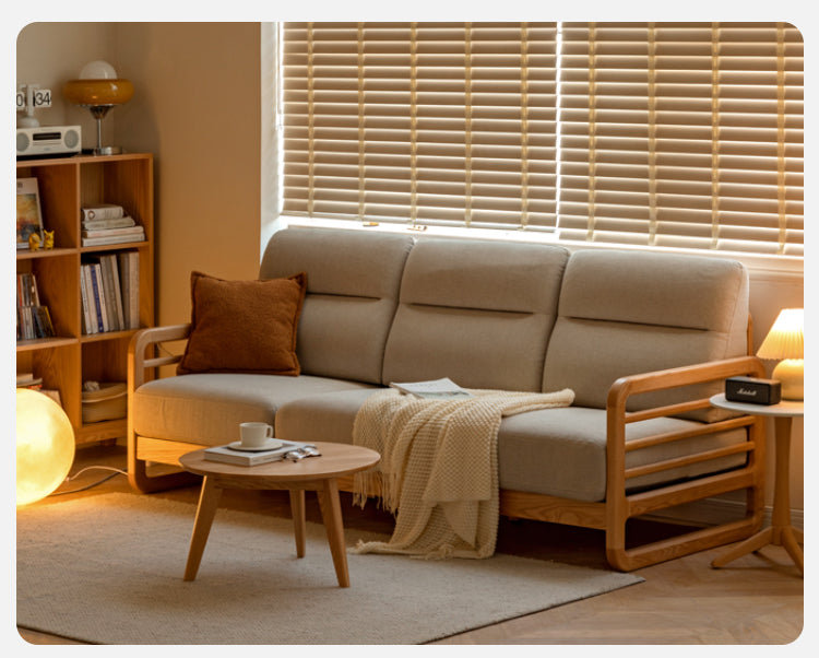 Oak Wood Fabric Sofa with String Style Backrest - Modern Living Room Furniture for Comfortable Home Decor