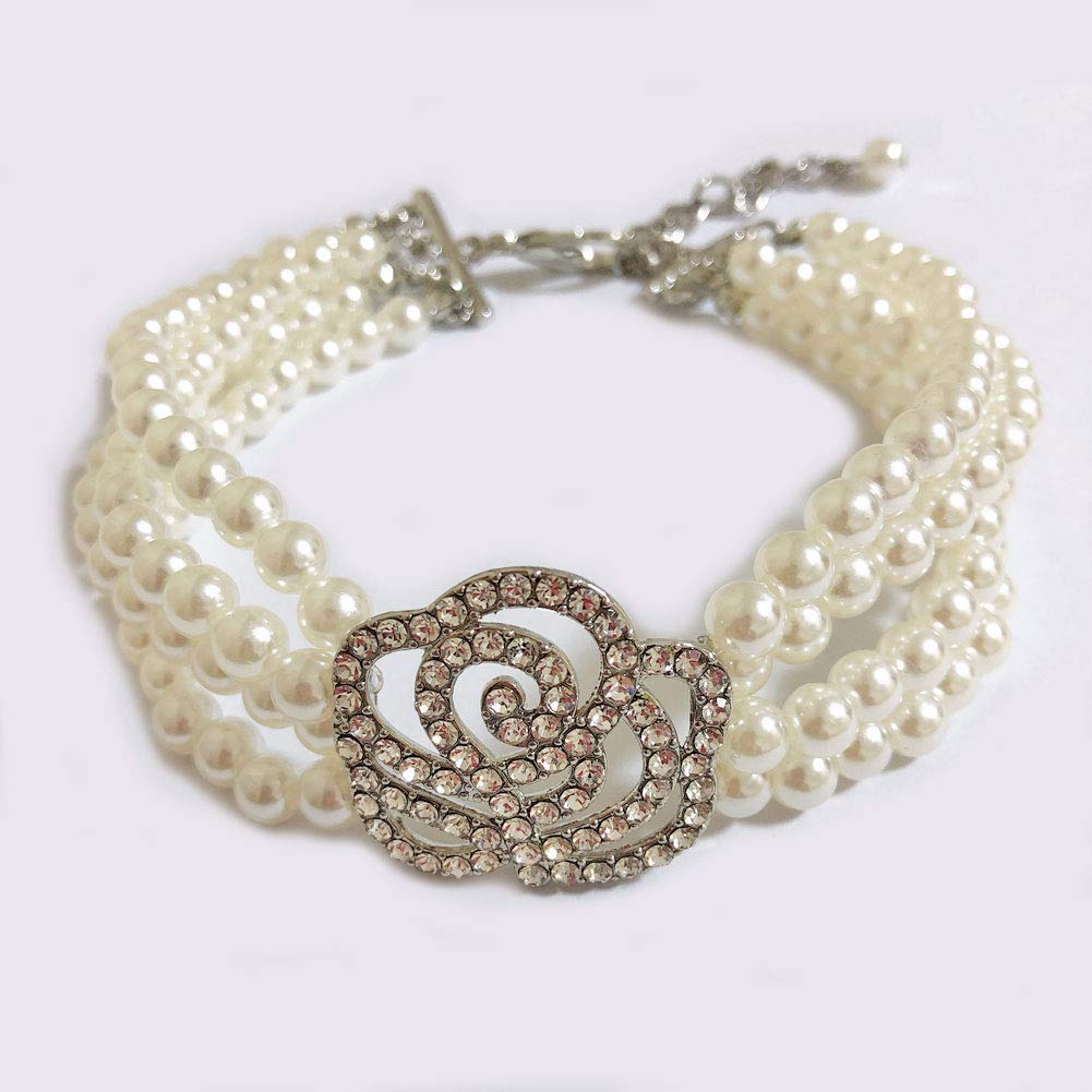 PETFAVORITES Rhinestone Dog Collar Necklace - Bling Wedding Accessory for Small Dogs, Chihuahua & Yorkie - Rose Flower Charm with Adjustable 8-10 Inch Band (White) - Perfect for Weddings, Parties & Special Occasions