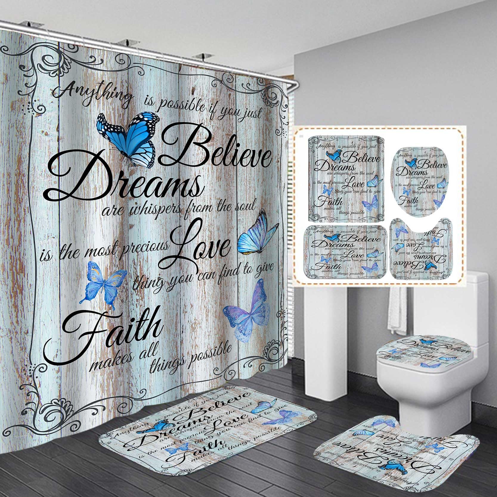 4PCS Blue Butterfly Shower Curtain Set with Rustic Wood Board Design - Waterproof Fabric Bathroom Decor with Non-Slip Rugs & Soft Toilet Mat - Inspirational Love & Faith Quotes - Perfect for Farmhouse, Cottage & Vintage Style Bathrooms