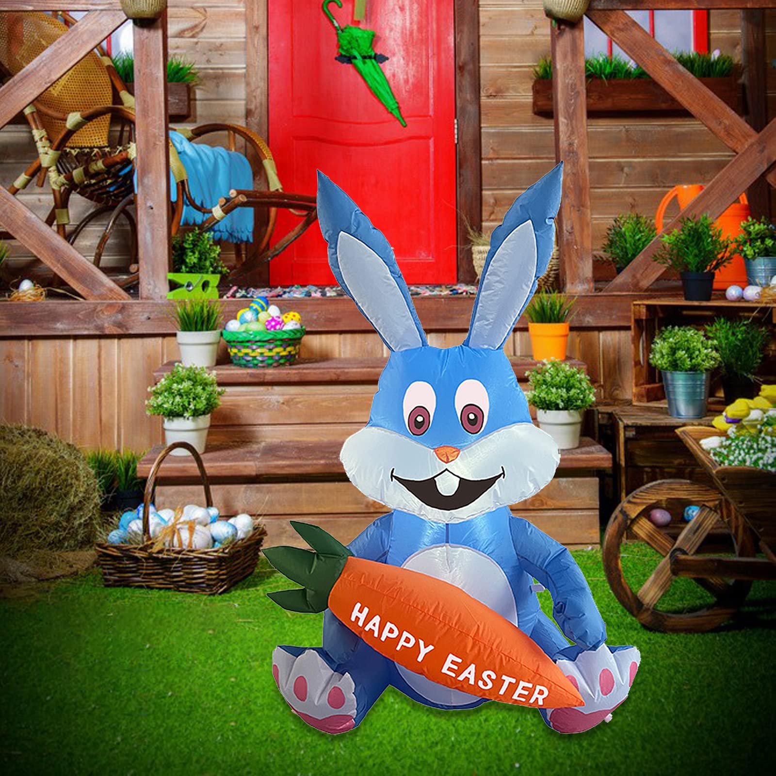 3.9 Ft Easter Inflatable Bunny with Carrot - LED Outdoor Decor for Yard, Lawn & Garden | Easter Inflatable Rabbit Decoration for Holiday Party, Spring Festival & Home Decor