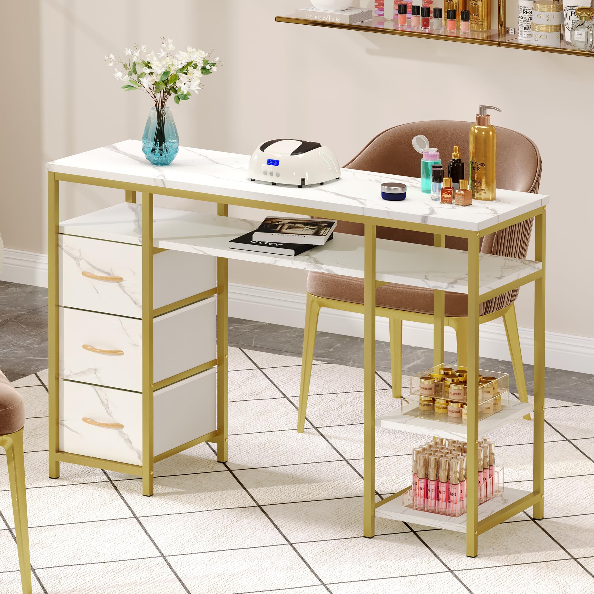 DWVO Nail Desk - Professional Manicure Table with 3 Drawers & Marble Texture | Acetone-Resistant Nail Tech Station for Salon & Spa | Perfect for Nail Artists & Beauty Professionals (White)