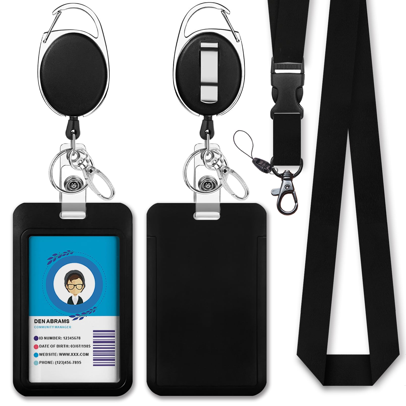 Giancomics Black ID Badge Lanyard with Retractable Badge Reel & Keychain Clip - Heavy Duty Name Tag Holder for Teachers, Office Workers, Men & Women - Perfect for Work, School, Events & Security Access