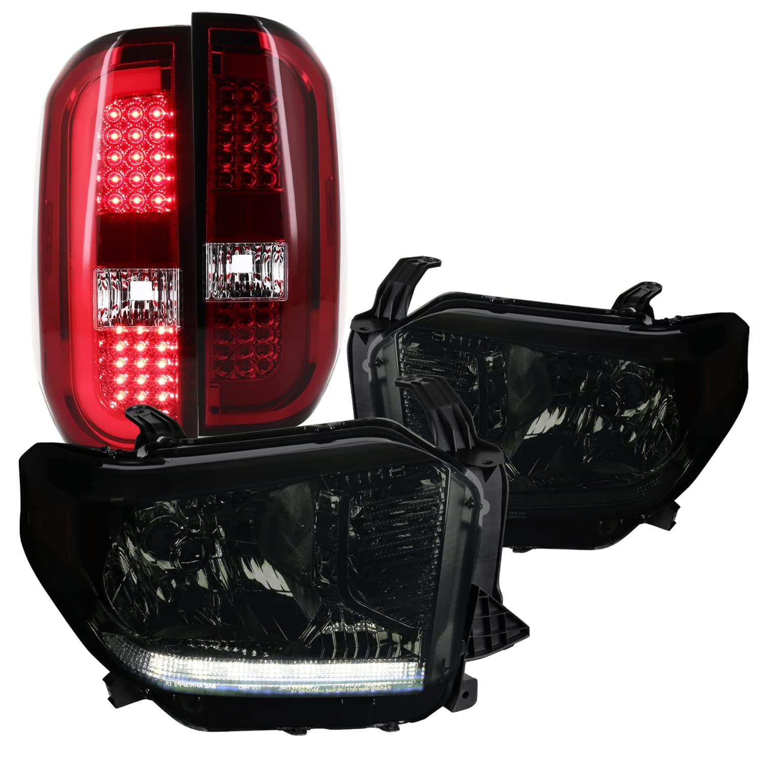 Spec-D Tuning Smoke Lens Headlights with LED & Red Lens LED Light Bar Tail Lights for Toyota Tundra - Upgrade Your Truck's Style and Visibility for Night Driving & Off-Road Adventures