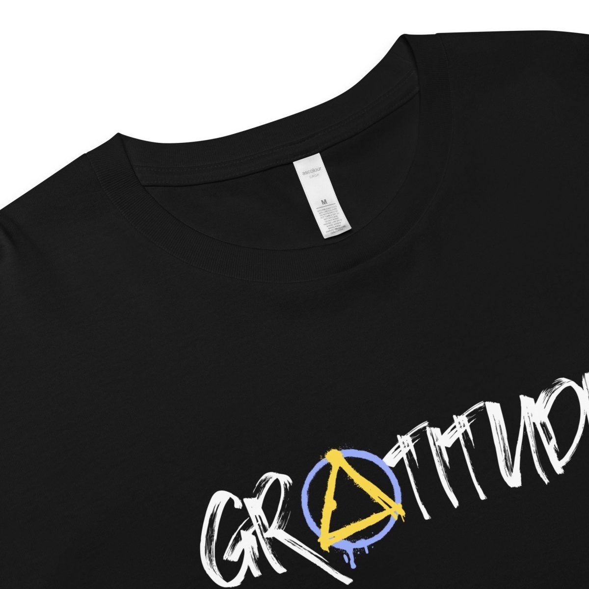 Gratitude Graffiti Crop Top – Recovery Triangle Edition | Trendy Women's Graphic Tee for Yoga, Gym & Casual Wear