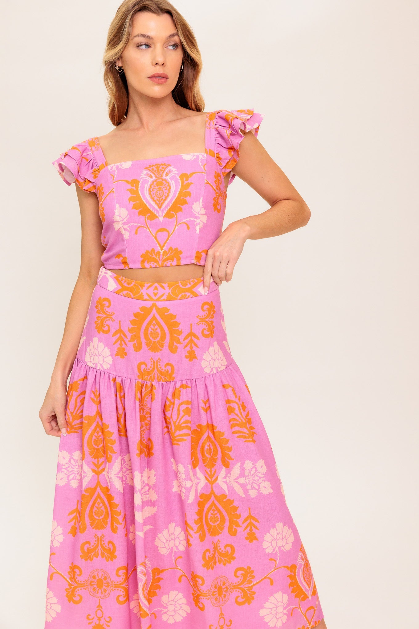 Distant Sun Crop Top & Skirt Set - Pink & Orange Floral Print Summer Outfit for Beach, Vacation & Casual Wear