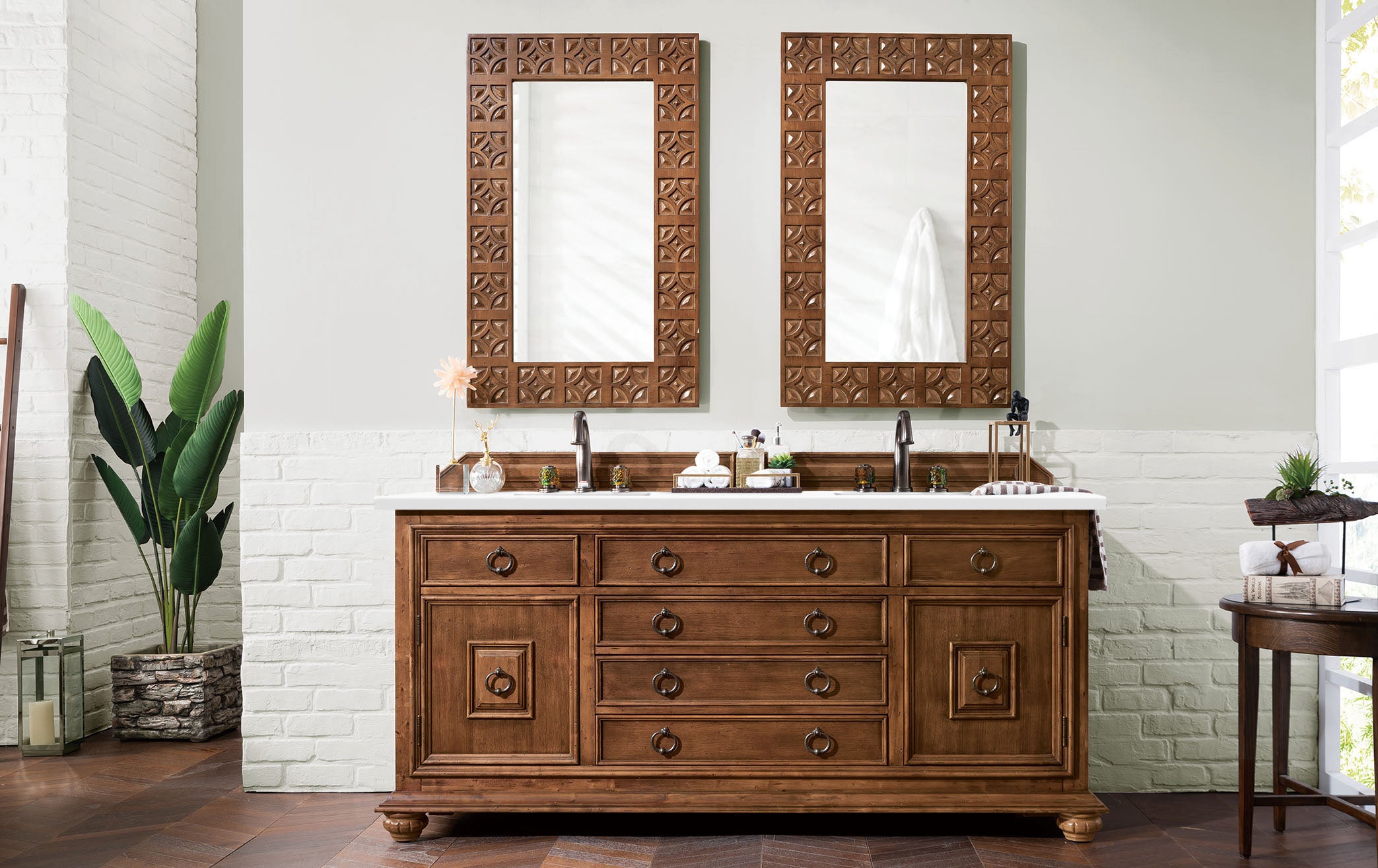 Mykonos 72 Inch Double Vanity Bathroom Cabinet with 3CM Classic White Quartz Countertop - Cinnamon Finish for Modern Master Bathroom & Powder Room Remodel