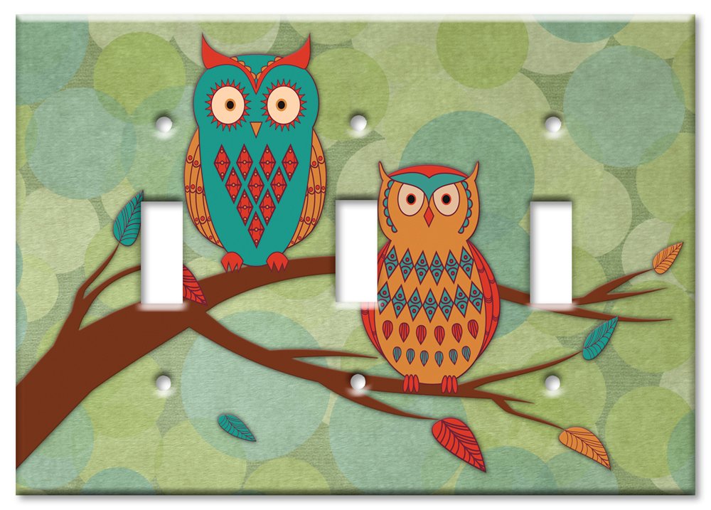 Triple Gang Oversized Toggle Switch Plate Cover - Decorative Metal Wall Plate with Whimsical Owl Design - Made in USA - Perfect for Home, Office & Nursery Decor