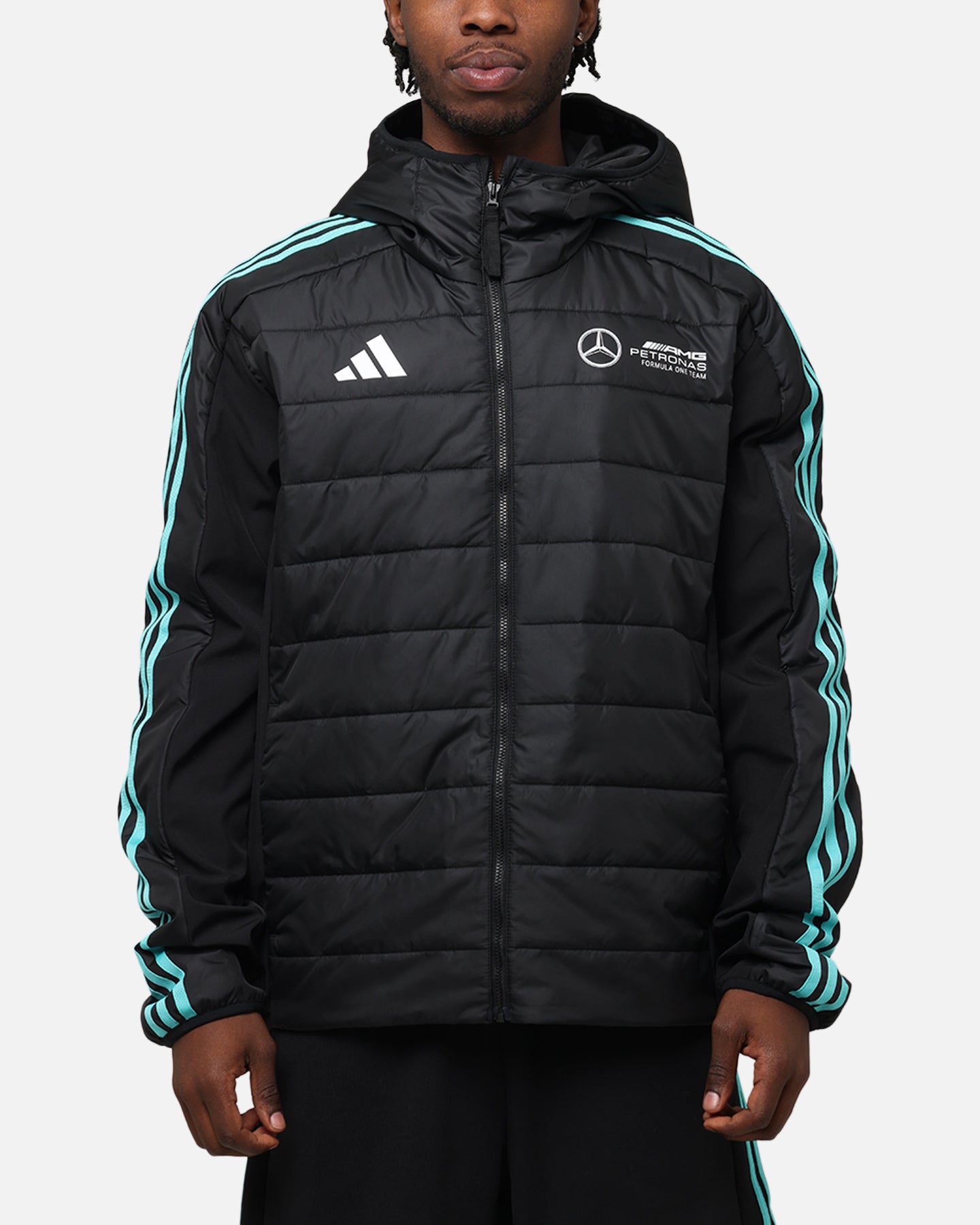 Adidas x Mercedes AMG PETRONAS F1 DNA Puffer Jacket - Black/White Winter Coat for Men, Stylish Racing-Inspired Outerwear for Cold Weather & Formula One Fans