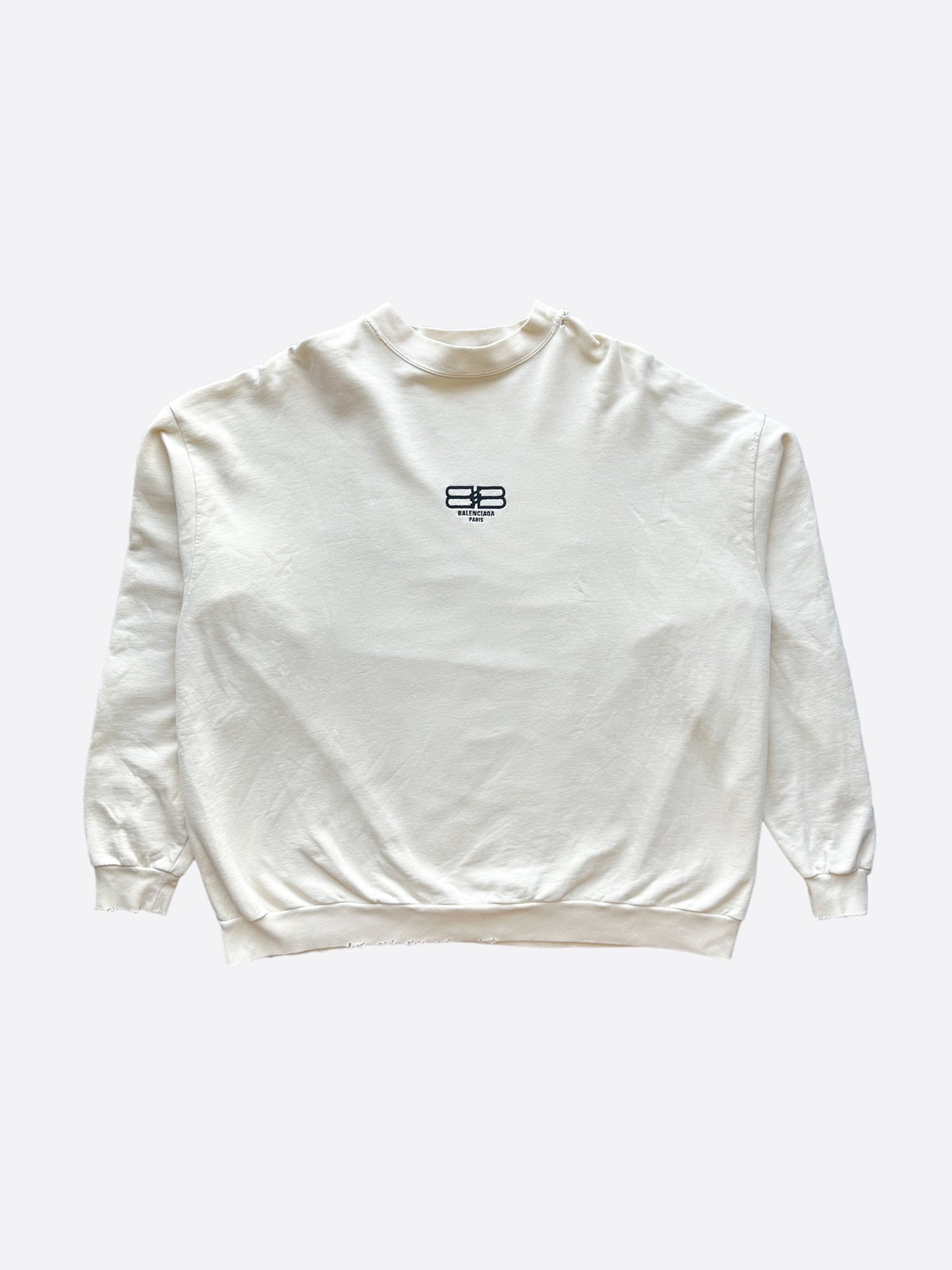 Balenciaga Cream BB Paris Icon Distressed Sweater - Vintage Designer Pullover for Men & Women | Perfect for Casual Outfits, Streetwear & Winter Layering