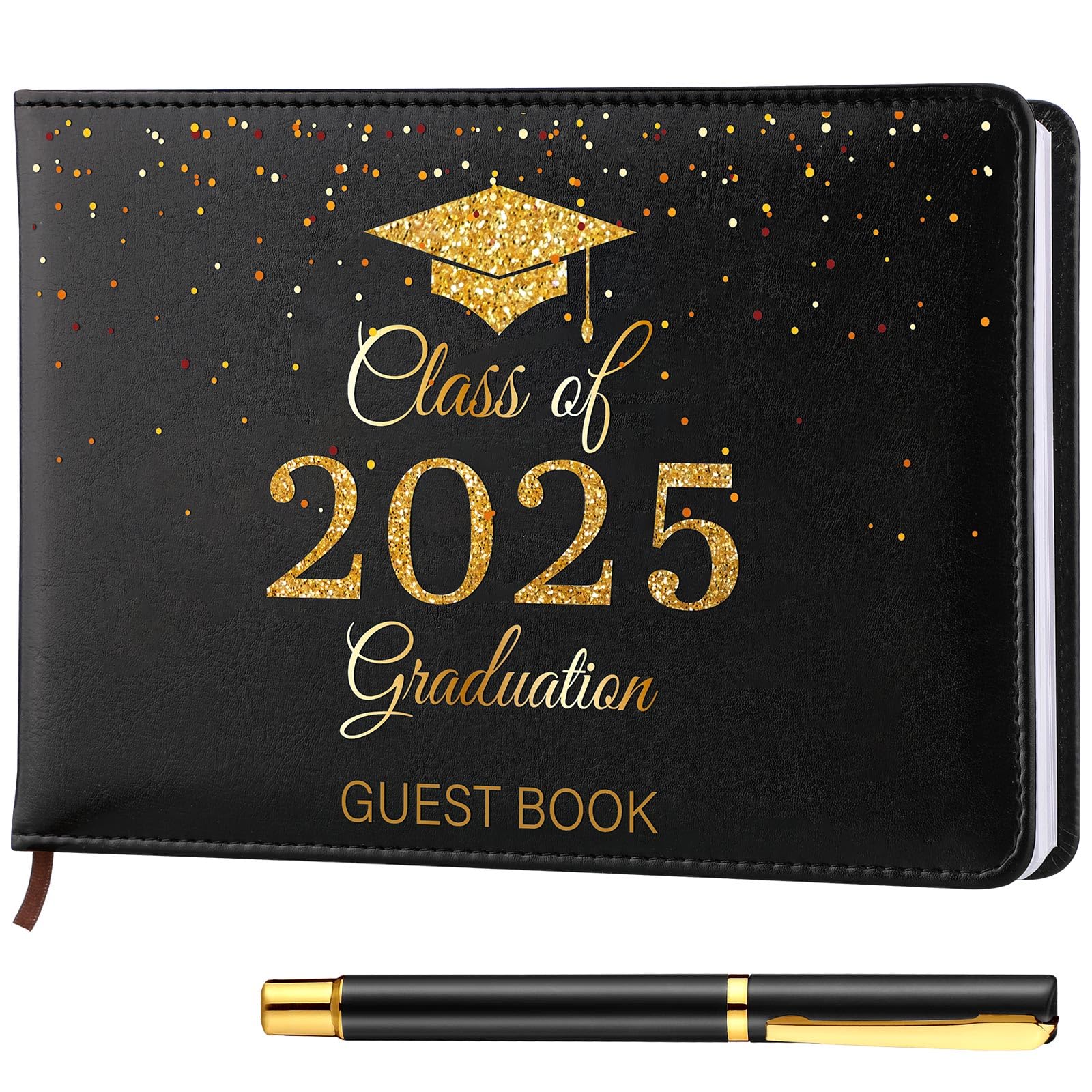 Frienda Class of 2025 Graduation Guest Book - Premium Leather Graduation Sign in Book with Pen - Graduation Party Favors & Congratulation Gifts for Graduates (Black & Gold) - Perfect for High School & College Graduation Ceremonies, Parties & Memory Keeping