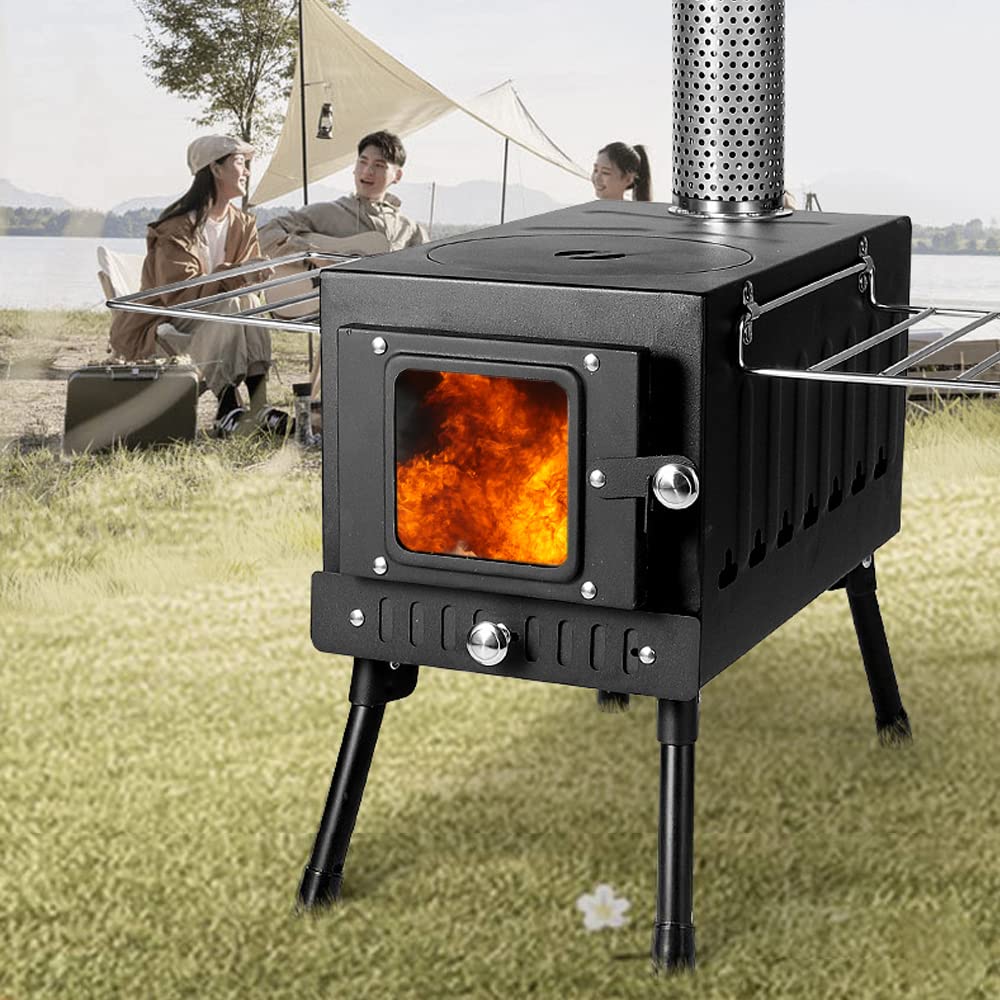 Portable Wood Stove for Camping with Chimney Pipes - Compact Outdoor Tent Stove for Backpacking, Hiking, Ice Fishing & Travel - Perfect for Cooking & Heating in Wilderness Adventures (Small Glass Window)