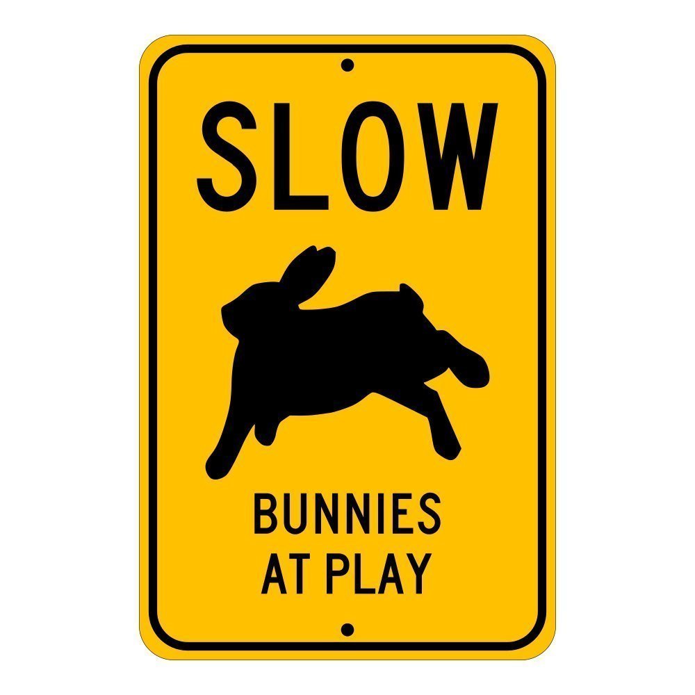 Slow, Bunnies at Play - Funny Pet Rabbit Novelty Sign - 6x9 Inch Aluminum Warning Sign - Glossy Black on Caution Yellow - Perfect for Rabbit Owners & Animal Lovers - Great for Backyard, Garden or Pet Play Area Decoration