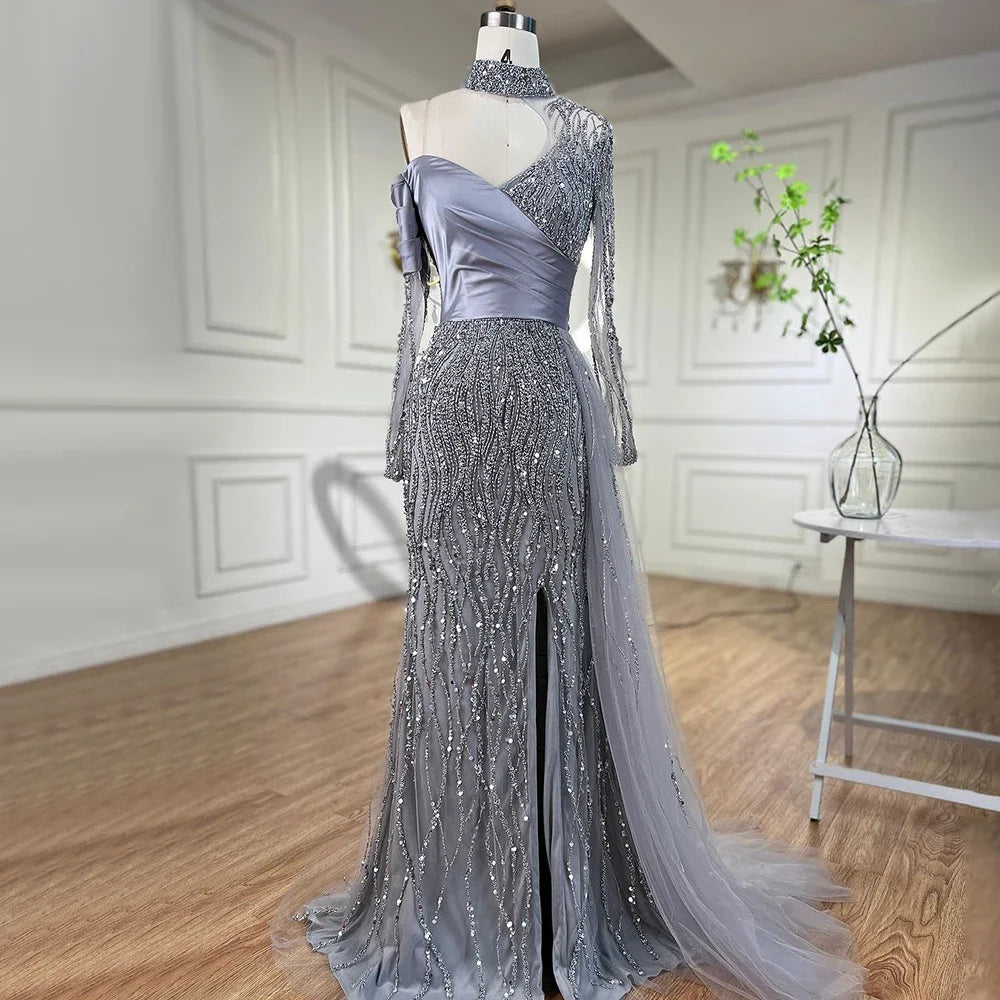 Elegant Blue Beaded Mermaid Evening Dress with High Slit for Women - Wedding, Party, Prom & Formal Gowns - Perfect for 2025 Special Occasions & Arabic Celebrations