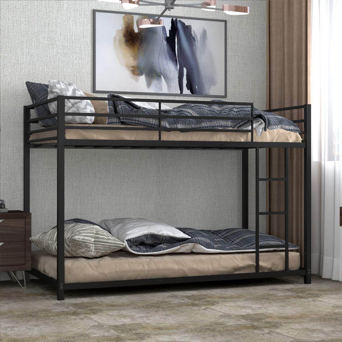 Metal Twin Over Twin Bunk Bed with Ladder & Safety Rail - Sturdy Moccha Black Frame for Kids, Teens & Adults - Perfect for Space-Saving Kids' Rooms, Guest Rooms & Small Apartments