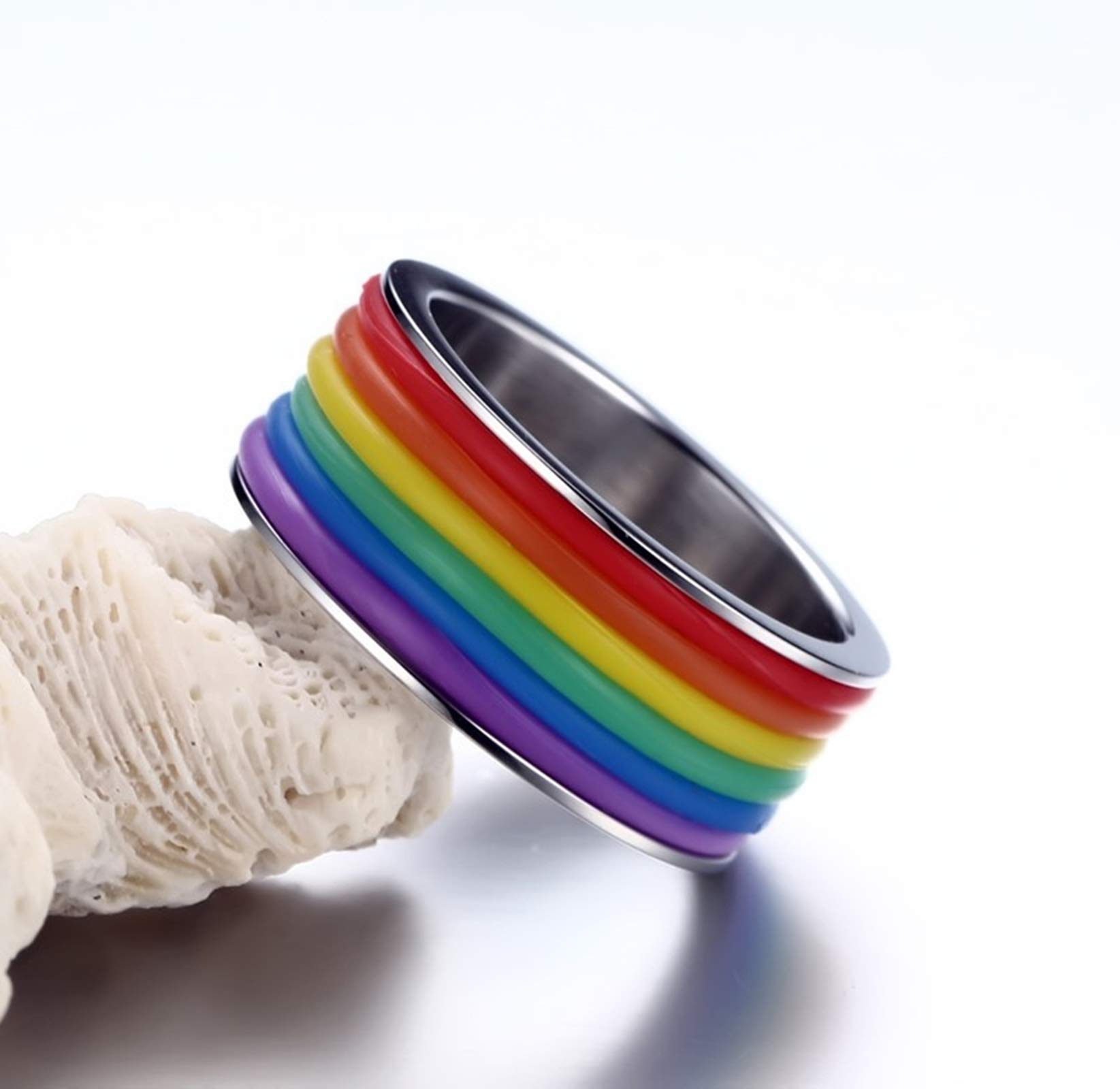 Beydodo LGBT Pride Rings for Men & Women - Stainless Steel Wedding Band with Silicone Rainbow Stripes - Size 6-13 - Perfect for Pride Events, LGBTQ+ Weddings & Everyday Wear