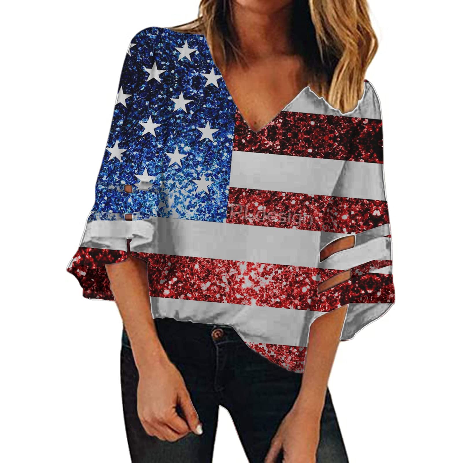 Women's V Neck T-Shirt - Summer Casual Mesh Panel 3/4 Bell Sleeve Blouse - Loose Fit Tee Tops & Dressy Tunic for Work, Date Night & Everyday Wear