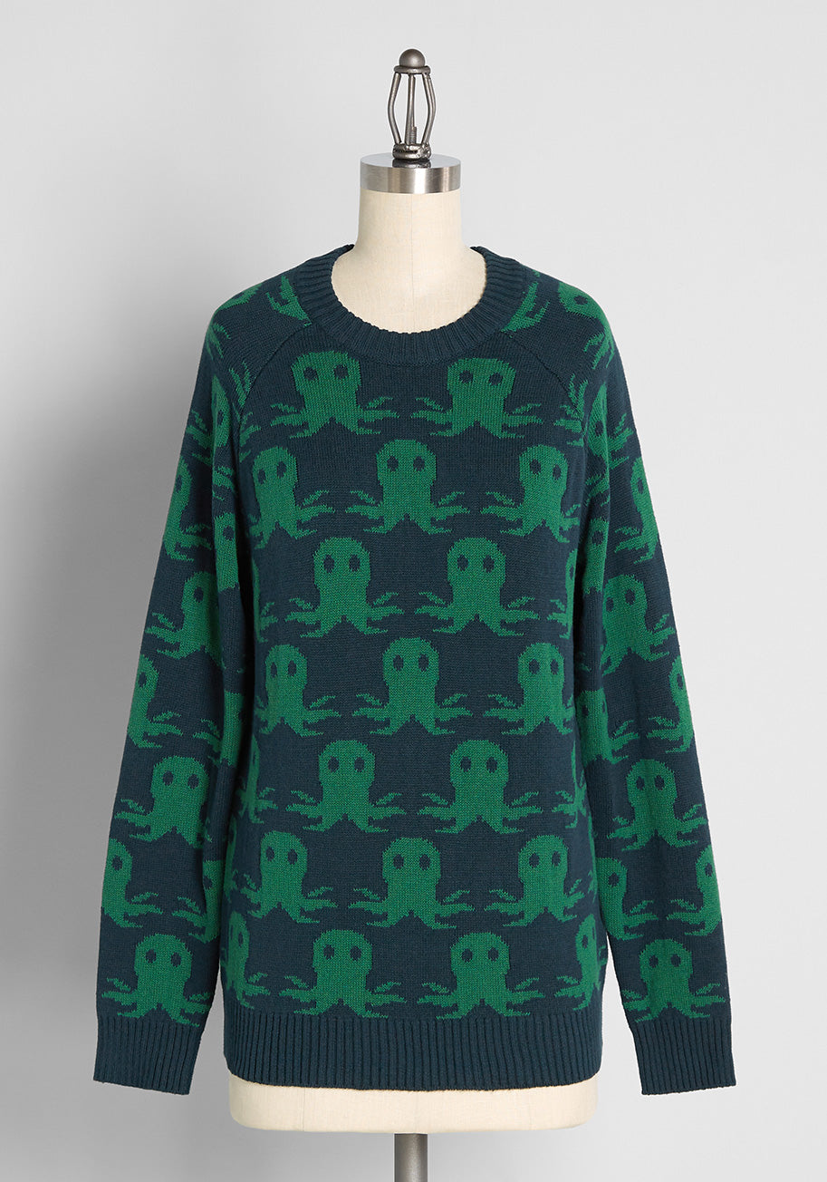 Stylish Quirky All Over Print Pullover Sweater for Women - Cozy & Trendy Fall Winter Fashion for Casual Outings & Layering