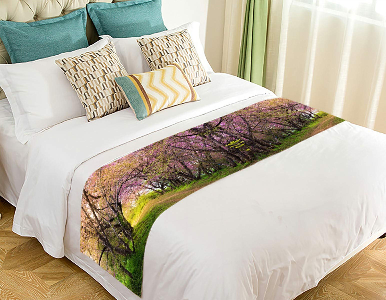ECZJNT Cherry Blossom Pink Sakura Bed Runner - 20x95 Inch Floral Bed Scarf for Home Decor, Perfect for Thailand-Inspired Bedroom, Wedding or Boho Chic Decor