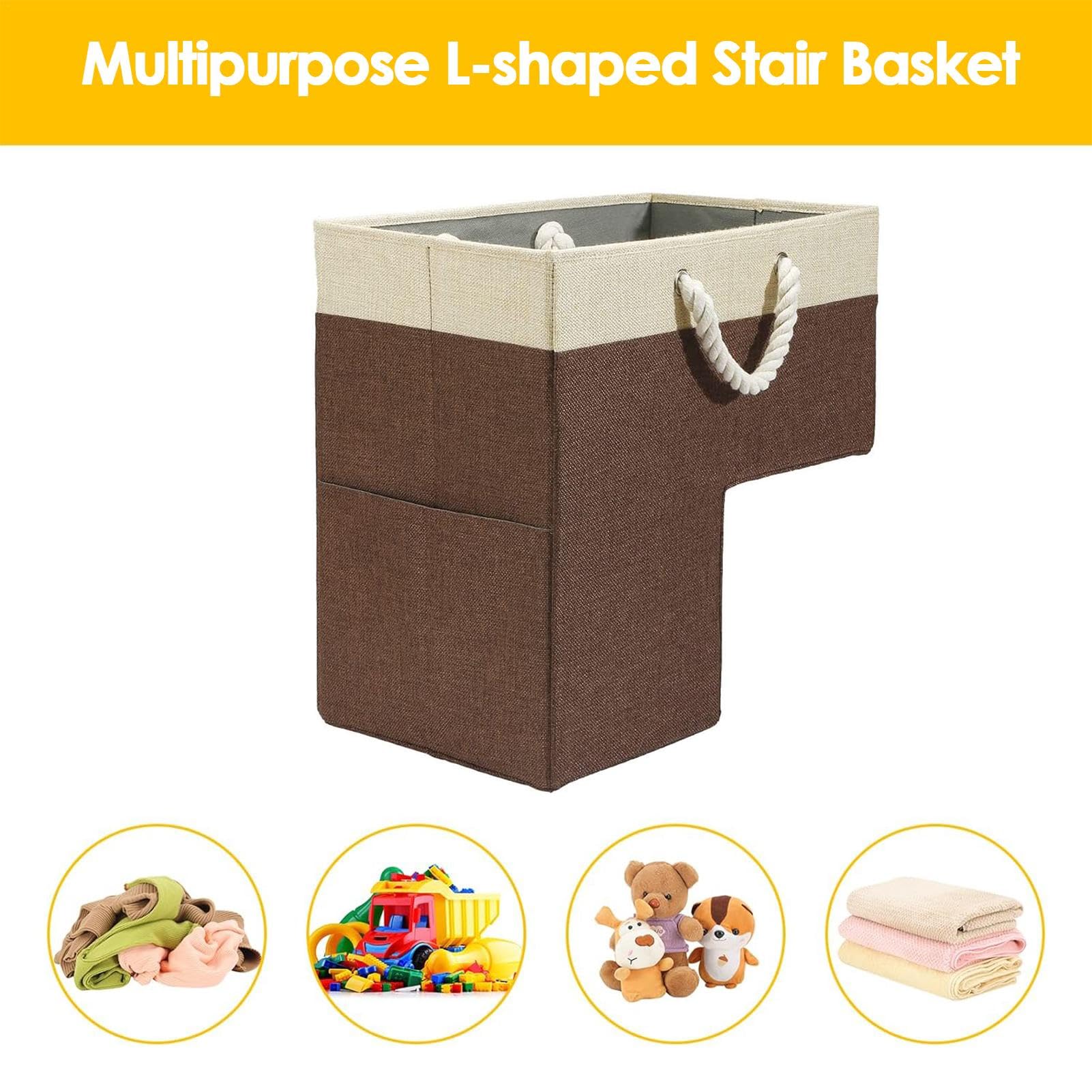 Modern L-Shaped Stair Laundry Basket with Handles - Space-Saving Stair Storage Organizer for Shoes, Socks, Toys, Blankets & Clothes - Perfect for Bedroom, Bathroom, Nursery & Laundry Room Organization