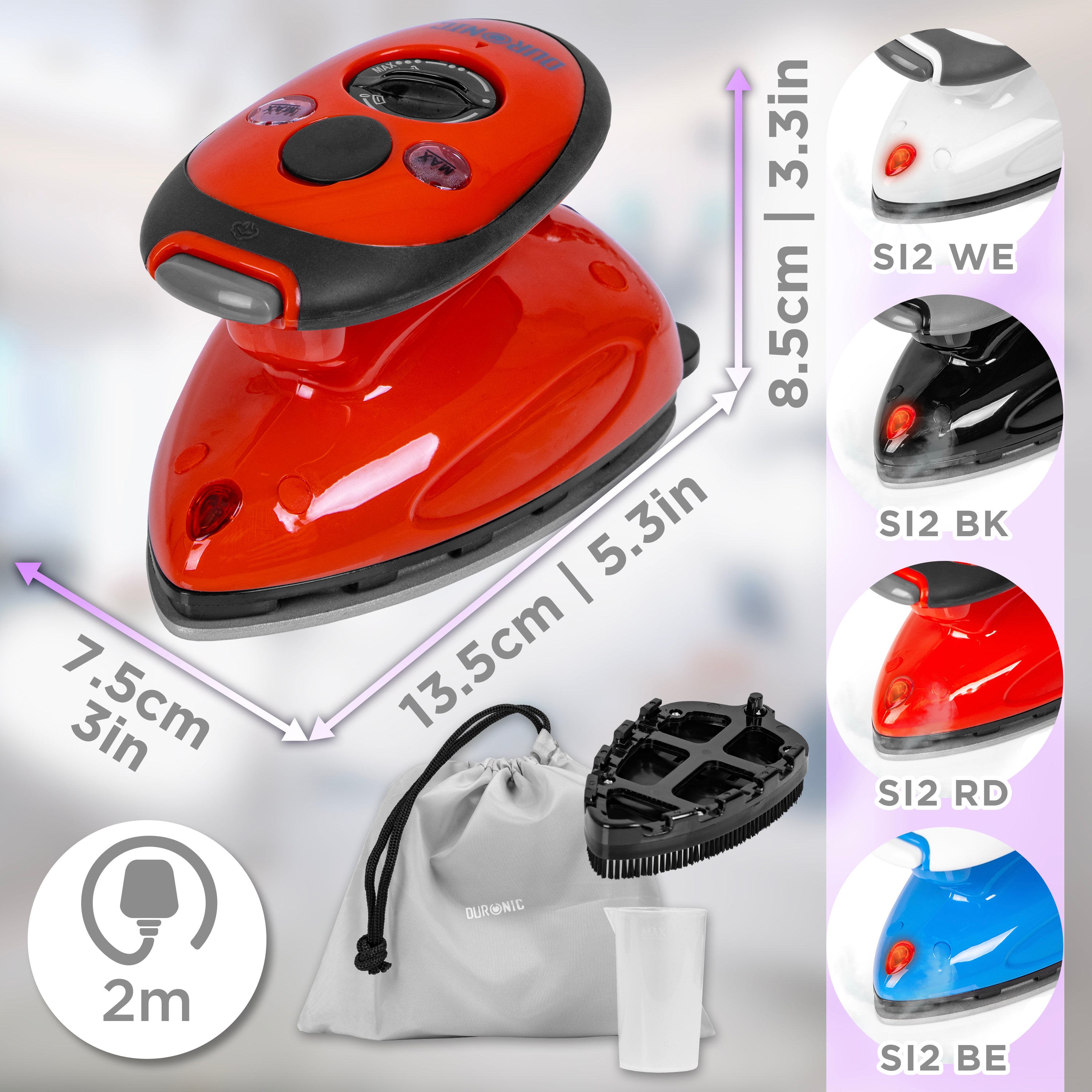 Duronic SI2 RD Mini Travel Iron & Steamer - 375W Compact Quilting Iron with 50ml Water Tank, Adjustable Heat Settings & Brush - Perfect for Patchwork, Applique, Crafting & Holiday Travel (Red) | Ideal for Sewing Projects, Fabric Crafts & On-the-Go Garment Care