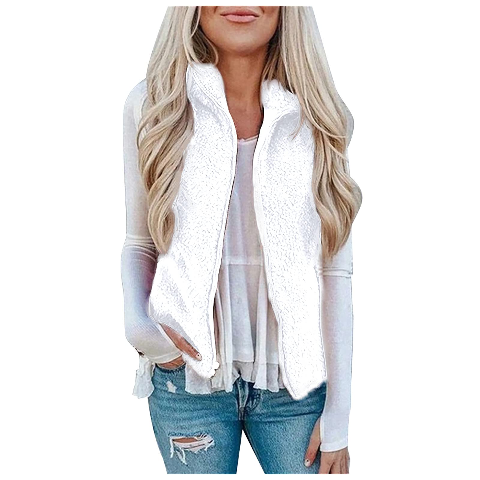 Women's Casual Solid Color Plush Vest Lapel Full Zip Sleeveless Jacket - Winter Warm Slim Outerwear for Daily Wear | Perfect for Office, Shopping & Outdoor Activities