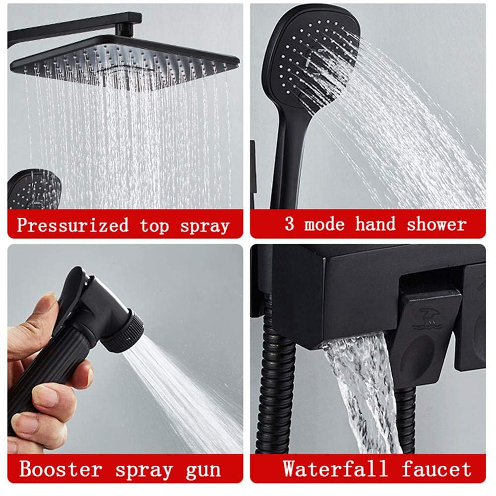Black Thermostatic Shower Mixer Set with LED Screen Display & 10X30 cm Rain Shower Head - Chrome Bathroom Shower System with Sprayer & Shelf - Perfect for Modern Home Spa Experience