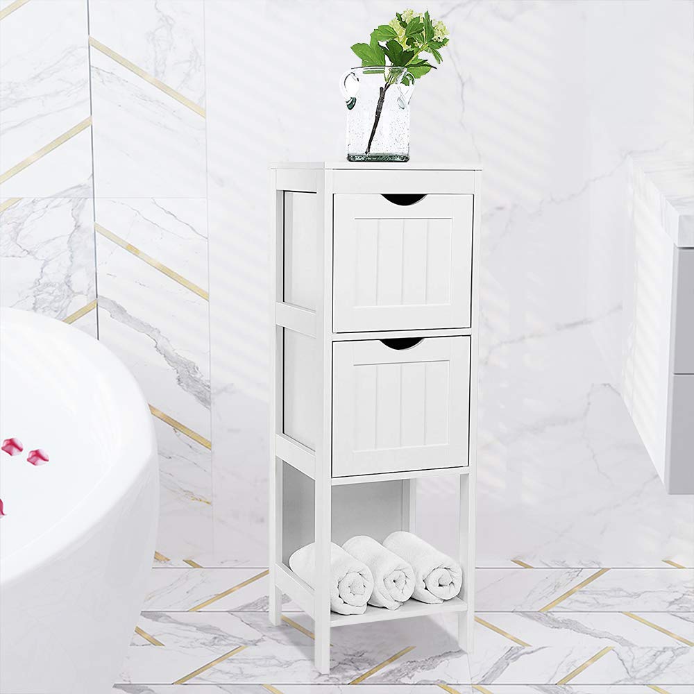 White Bathroom Floor Cabinet with 2 Drawers & Shelves - Home & Office Storage Organizer for Bath Essentials