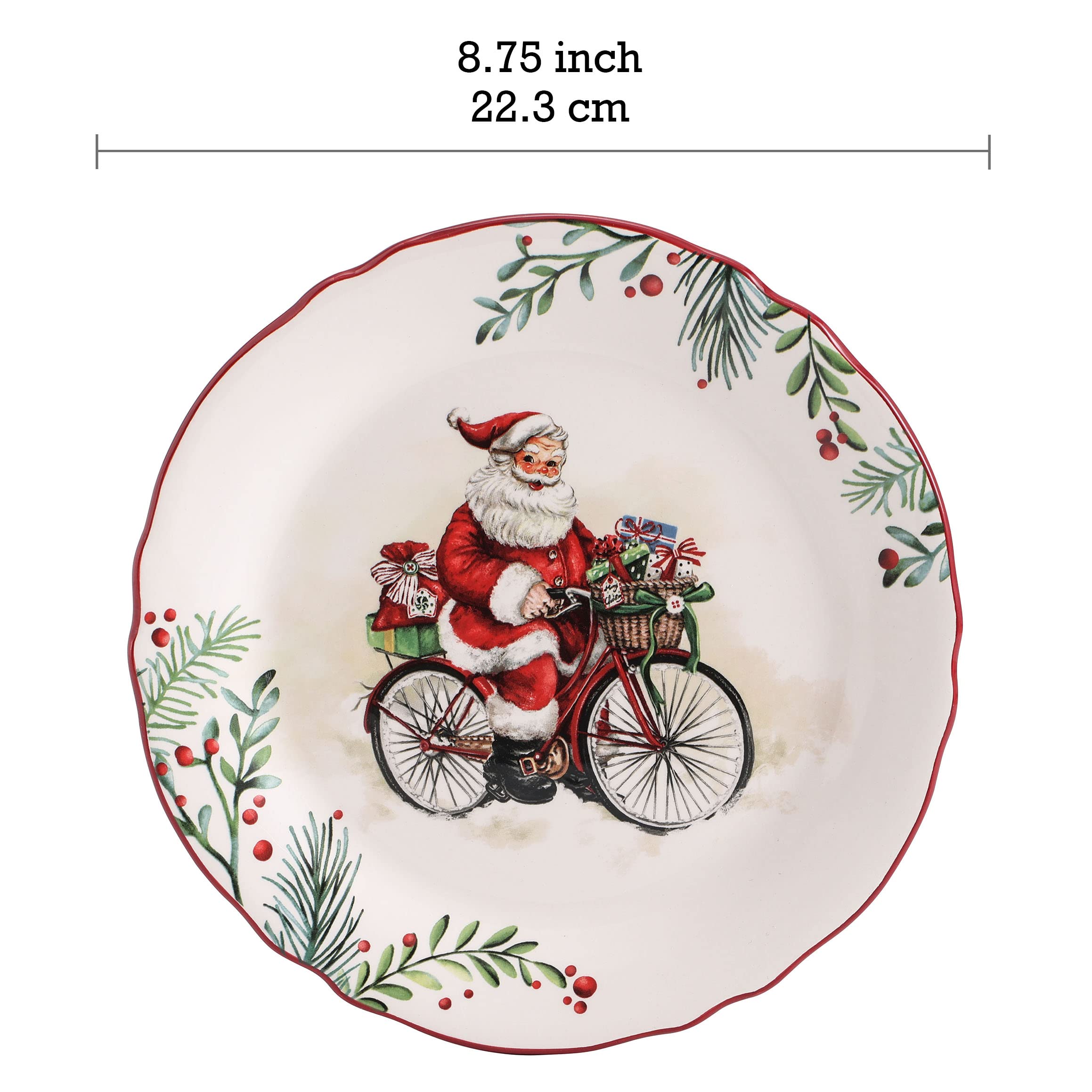 Bico Santa On The Way 8.75 Inch Ceramic Salad Plates - Set of 4 for Salads, Appetizers, Desserts | Microwave & Dishwasher Safe | Perfect for Holiday Dinners, Parties & Family Gatherings