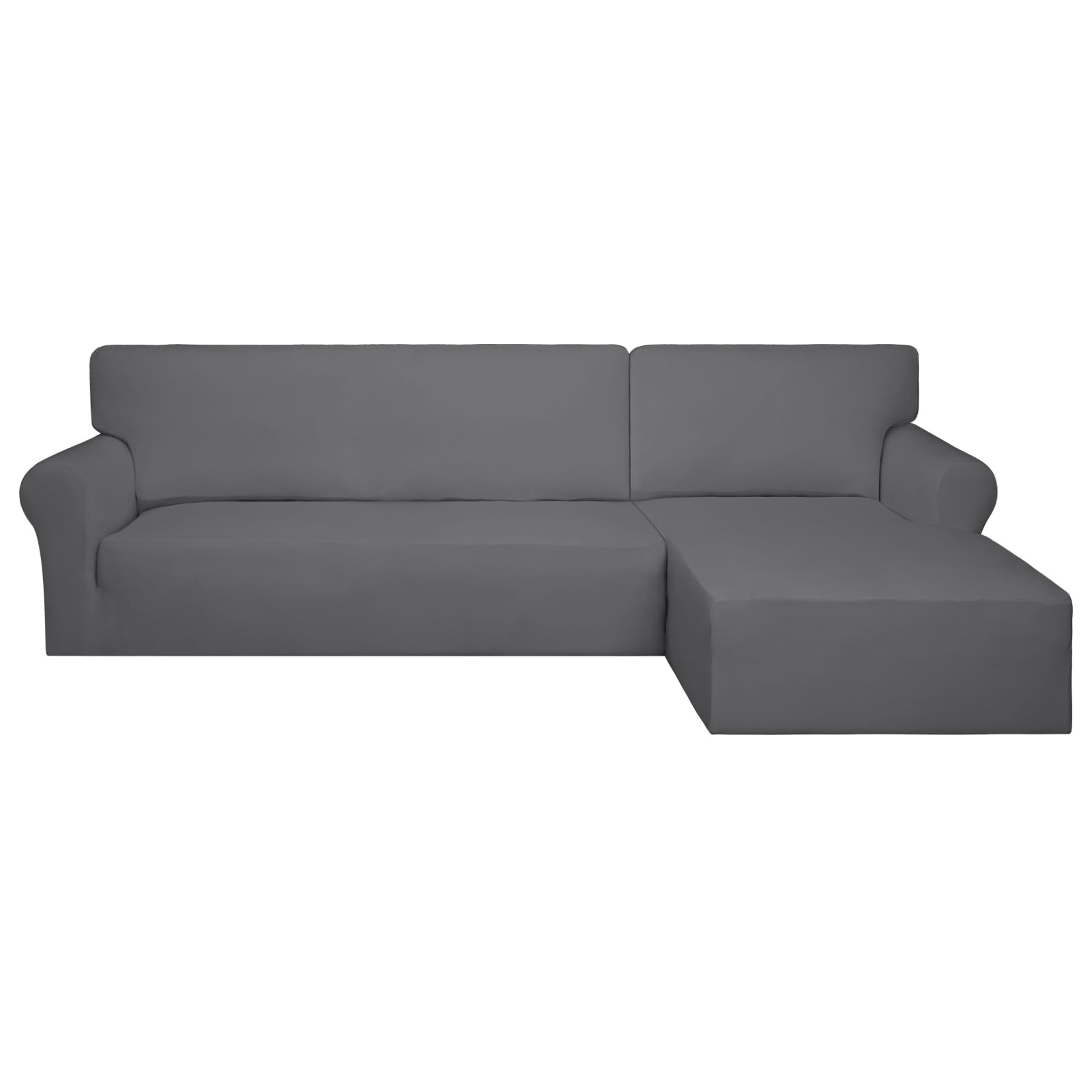 PureFit Super Stretch Sectional Couch Covers - 2 Piece Spandex Non-Slip Sofa Protector with Elastic Bottom for L-Shaped Couches, Pet & Kid Friendly (3-Seater + Chaise Lounge, Gray) | Perfect for Living Room, Family Room & Home Theater Furniture Protection