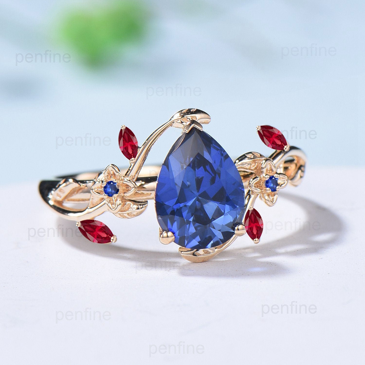Elegant Pear Blue Sapphire Nature-Inspired Engagement Ring with Marquise Ruby - Flower Wedding Ring, Lab Sapphire Branch Leaf Vine Promise Ring for Brides & Nature Lovers | Perfect for Proposals, Anniversaries & Romantic Occasions