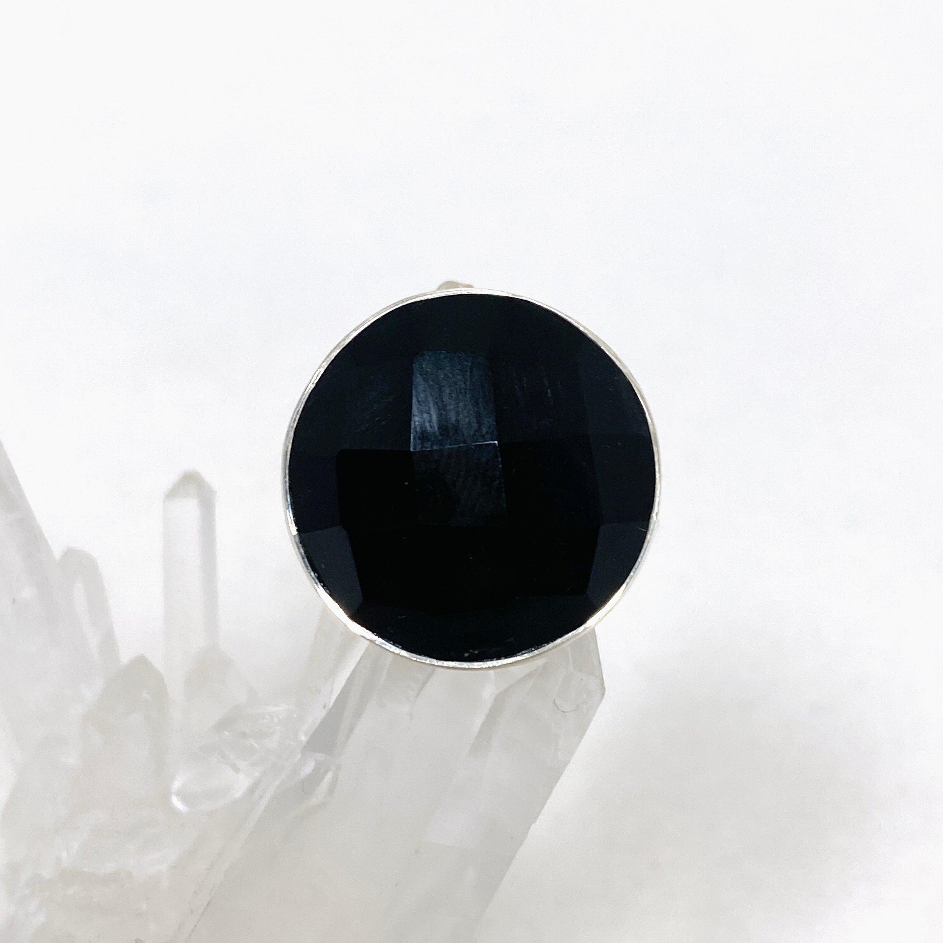 Black Onyx Faceted Round Ring - Size 9 - KRGJ2989 - Elegant Jewelry for Women, Perfect for Weddings, Parties & Everyday Wear