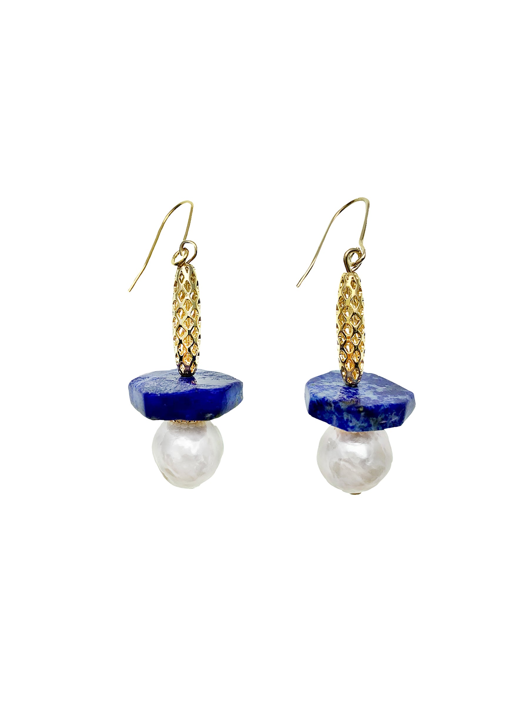 Lapis Lazuli Hexagon Stud Earrings with Freshwater Pearls - Dainty Bohemian Jewelry for Women, Gift for Her, Perfect for Weddings & Date Nights
