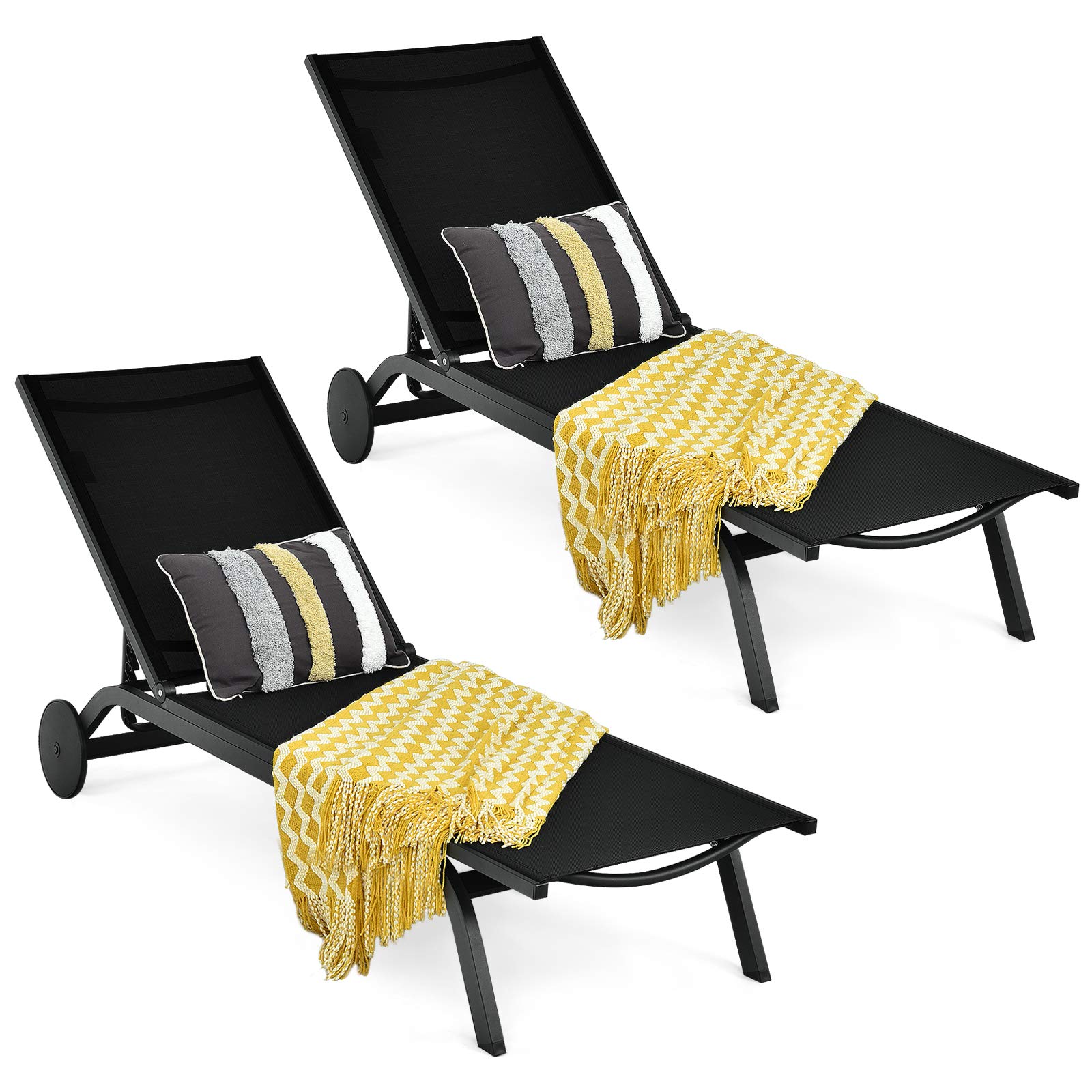**Giantex Adjustable Aluminum Patio Lounge Chair with 6-Position Recliner & Wheels - Outdoor Chaise Lounge for Poolside, Beach, Garden, and Backyard Sunbathing (2-Pack, Black)**