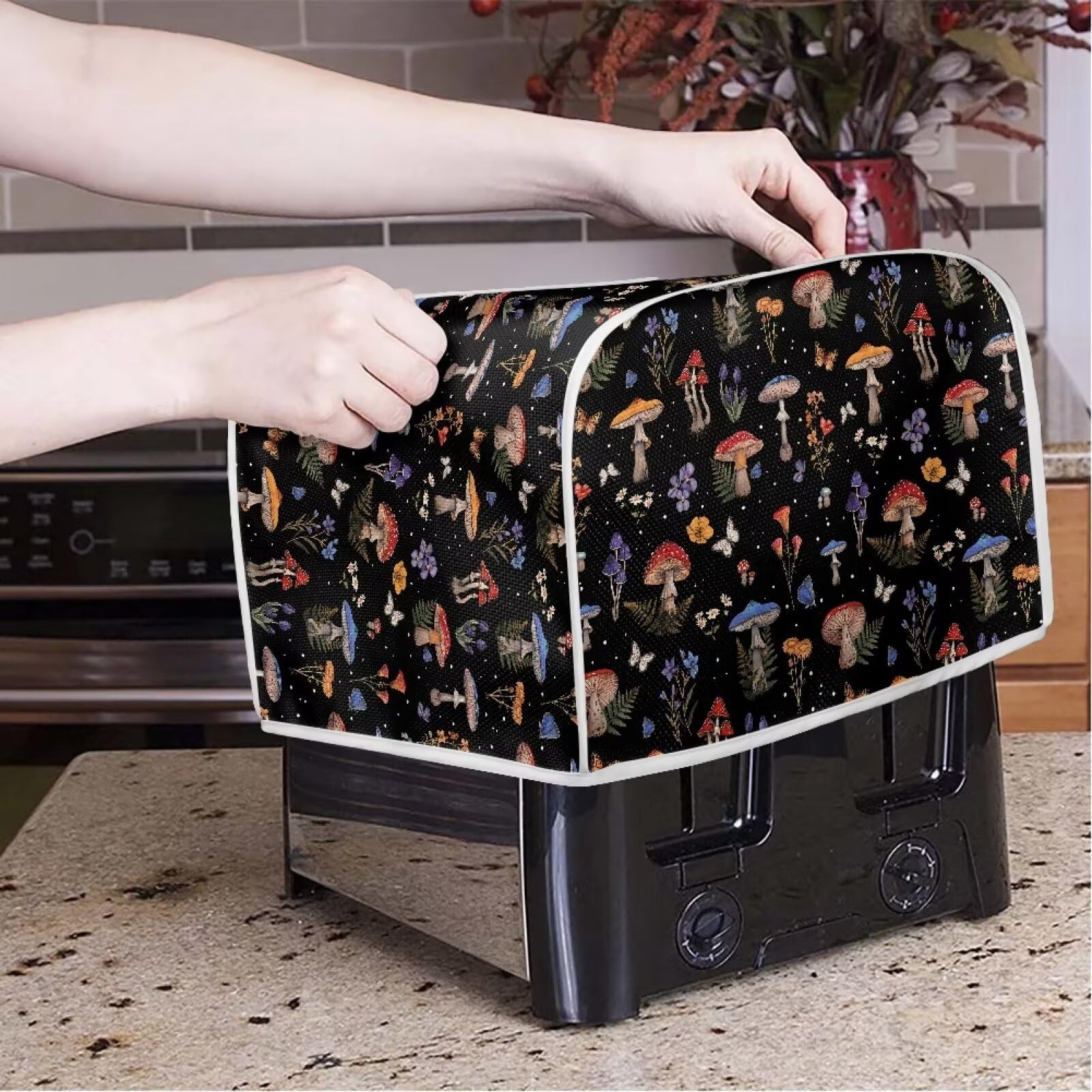 Talayituse Mushroom Butterfly Flower Leaf Print 4-Slice Toaster Cover - Dust Protection Bread Maker & Toaster Oven Cloth Cover - Washable Kitchen Appliance Cover with Handle - Perfect for Kitchen, Breakfast Nook & Small Appliance Protection