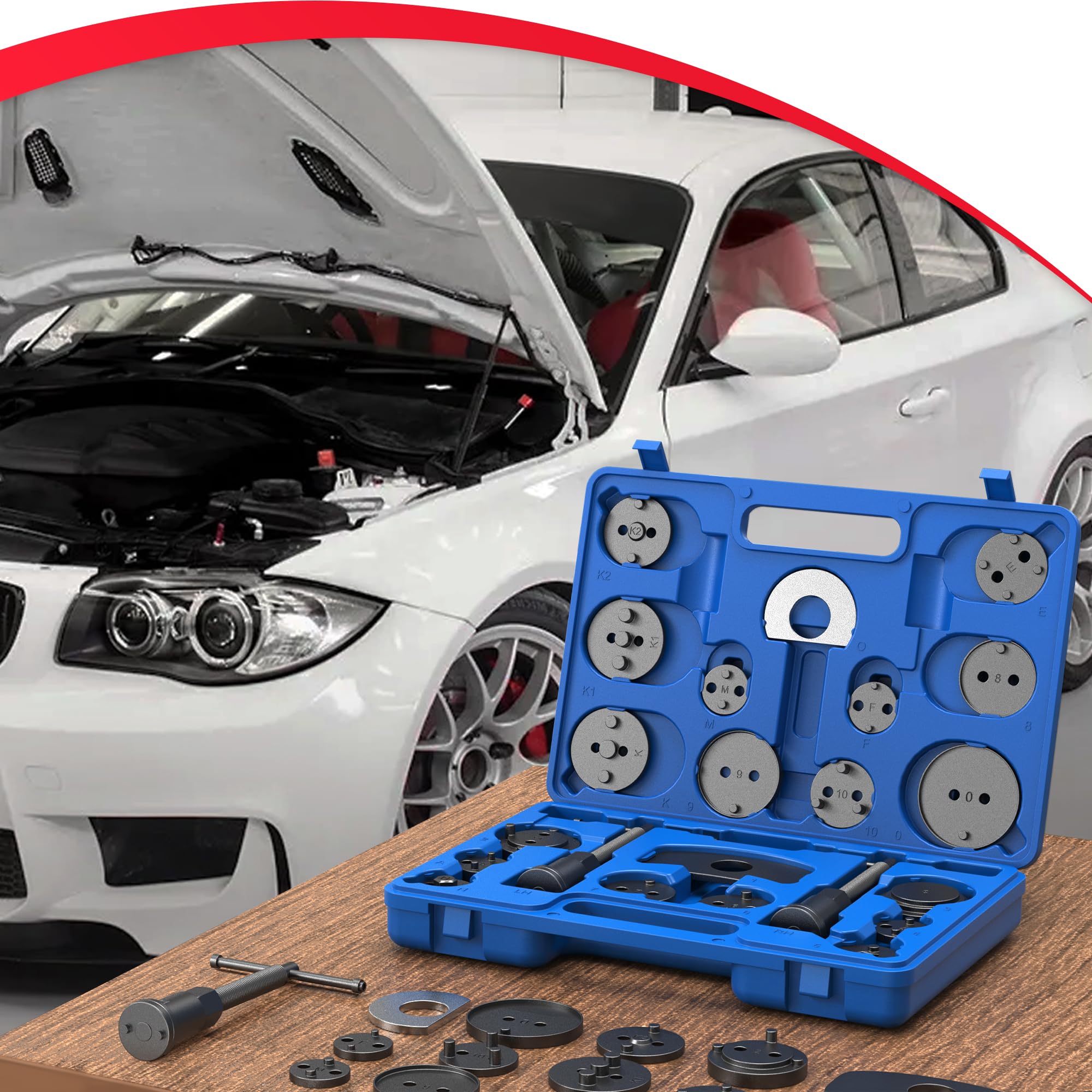 Heavy Duty Universal Disc Brake Piston Caliper Compressor Wind Back Tool Kit - 28 Piece Set for Brake Pad Replacement with Hanger Hooks | Perfect for DIY Car Maintenance & Professional Auto Repair Shops