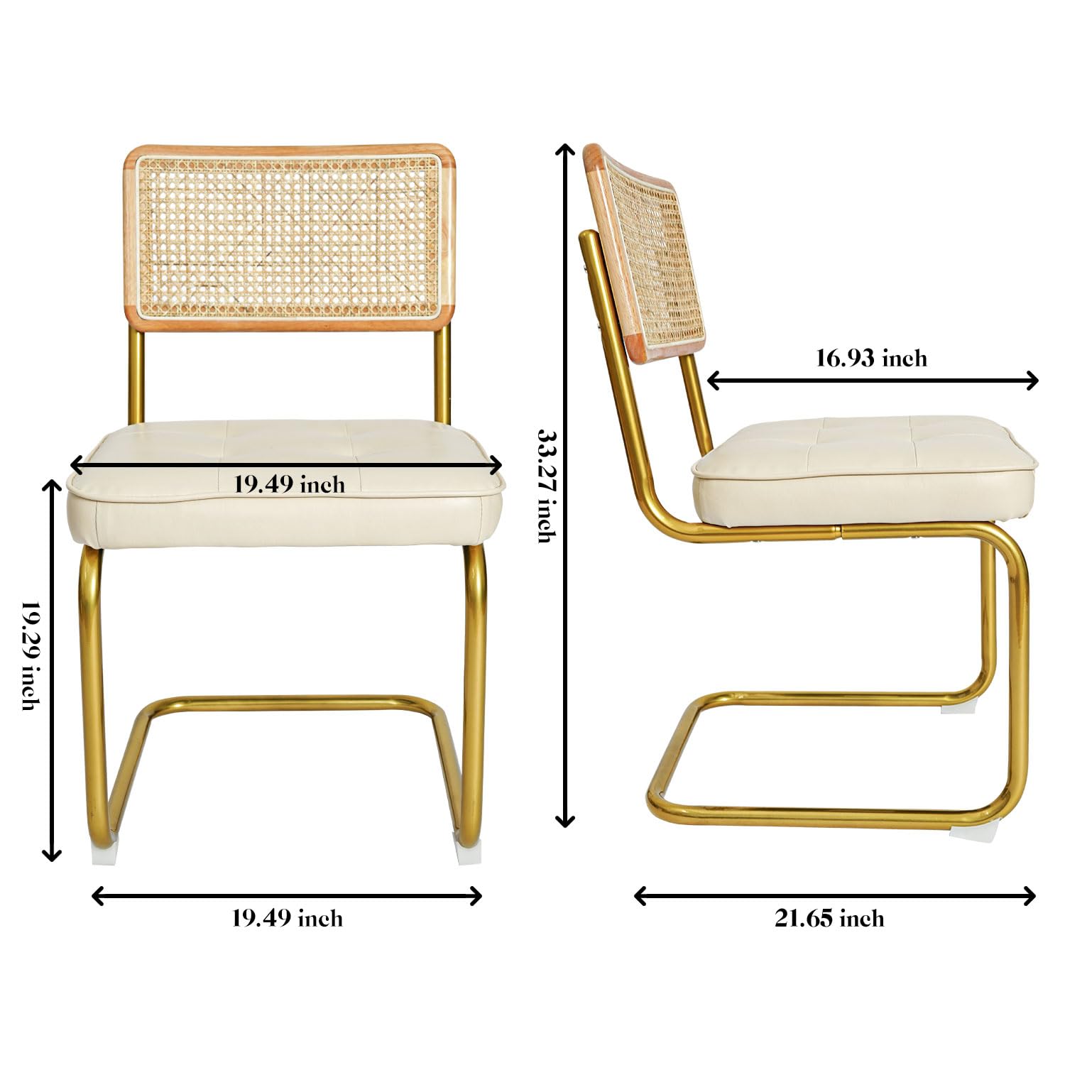 Modern Dining Chairs Set of 2 - Upholstered Faux Leather Seat with Rattan Backrest & Metal Legs, Armless Accent Chairs for Kitchen, Dining Room, Cafe, Restaurant - Beige Home Decor