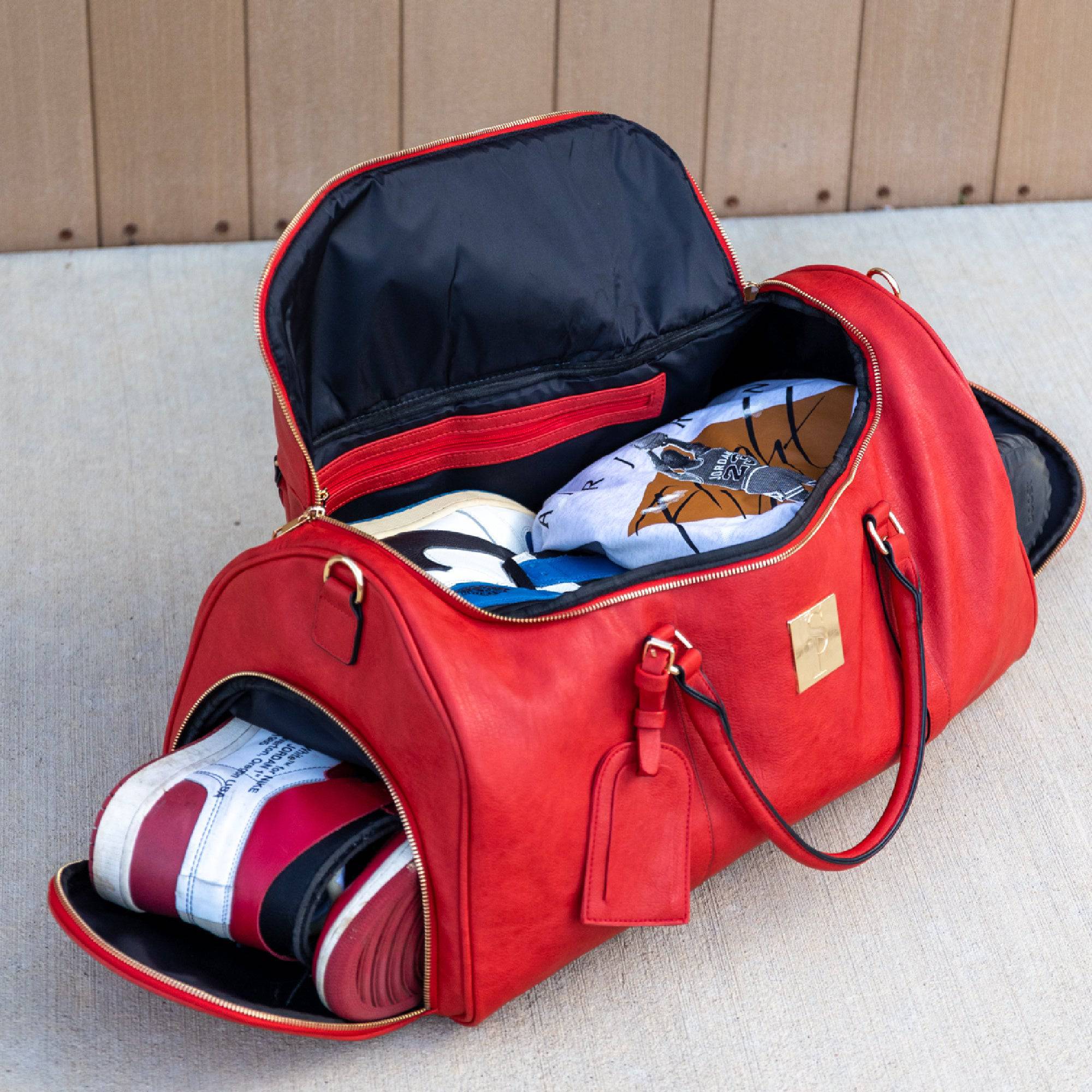 Premium Red Tumbled Leather Duffle Bag - Stylish Weekender Travel Bag for Men & Women - Perfect for Gym, Weekend Getaways & Business Trips
