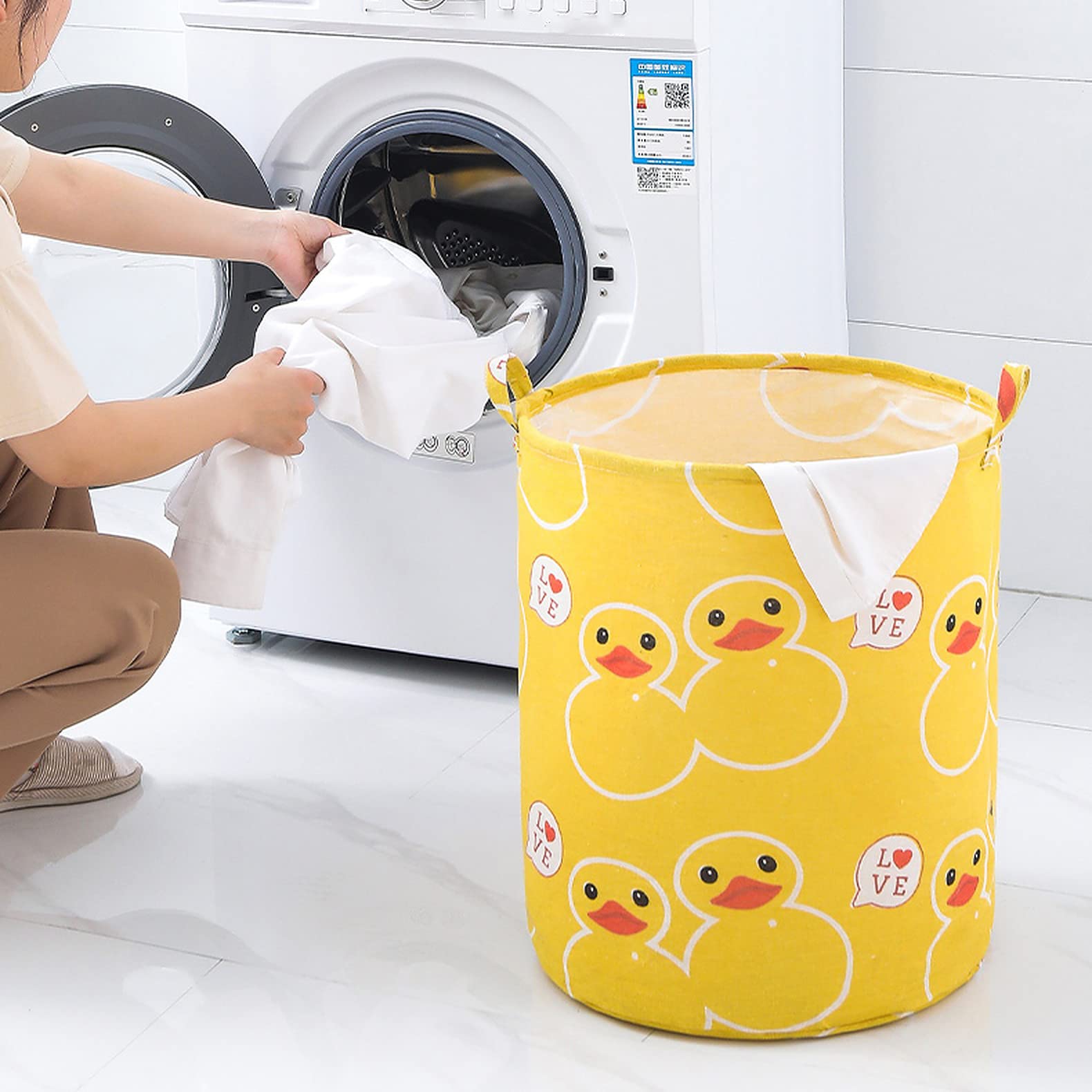 **Wolpin Waterproof Laundry Bag & Toy Storage Organizer - Foldable, Moistureproof, Large 63L Capacity with Handles - Duck Yellow Cotton - Perfect for Kids' Room, Travel & Camping**