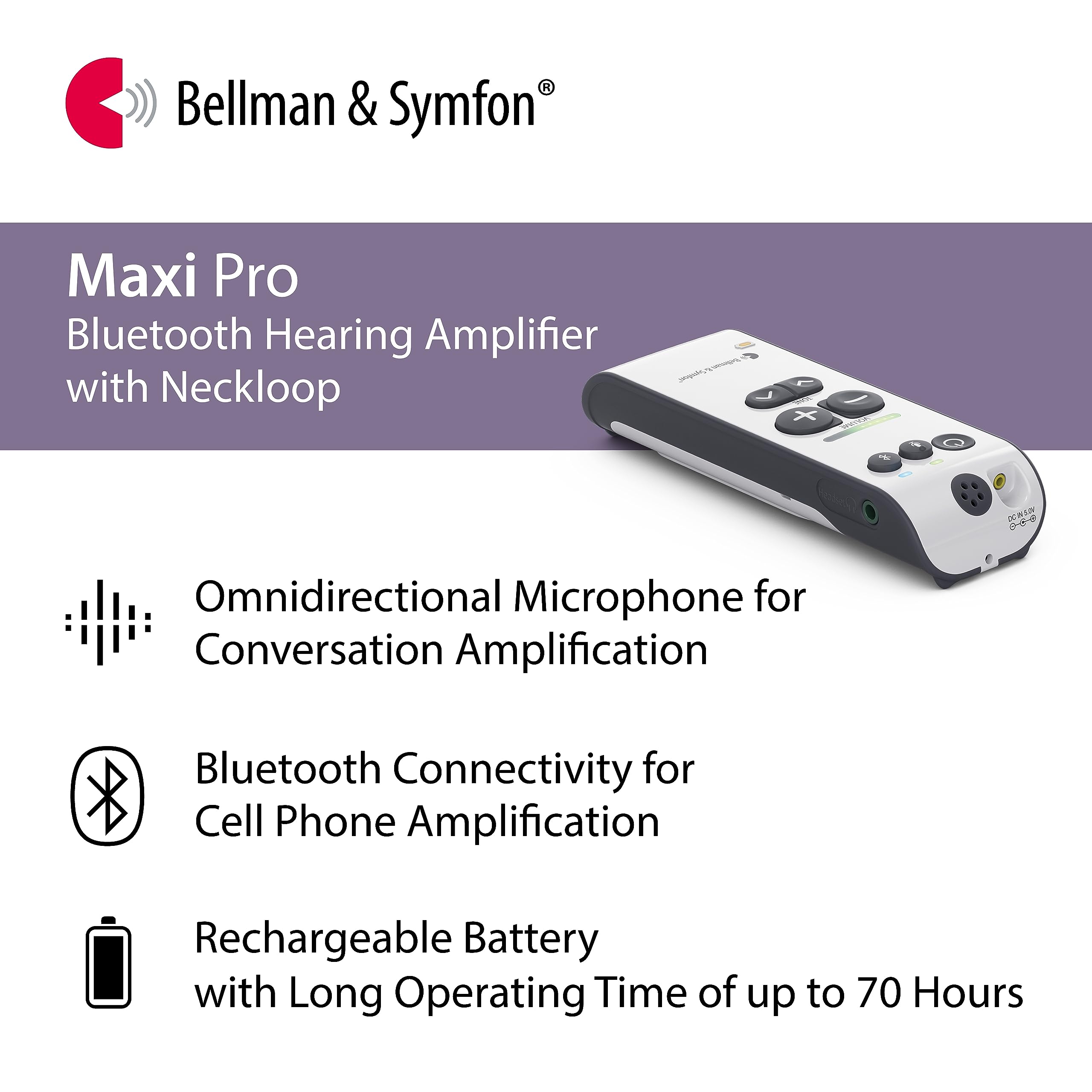 Bellman & Symfon Maxi Pro Bluetooth Hearing Amplifier with Neck Loop – Digital Hearing Aid Booster for Clear Conversations – Wireless Cell Phone Connectivity – Ideal for Seniors, TV Watching & Phone Calls