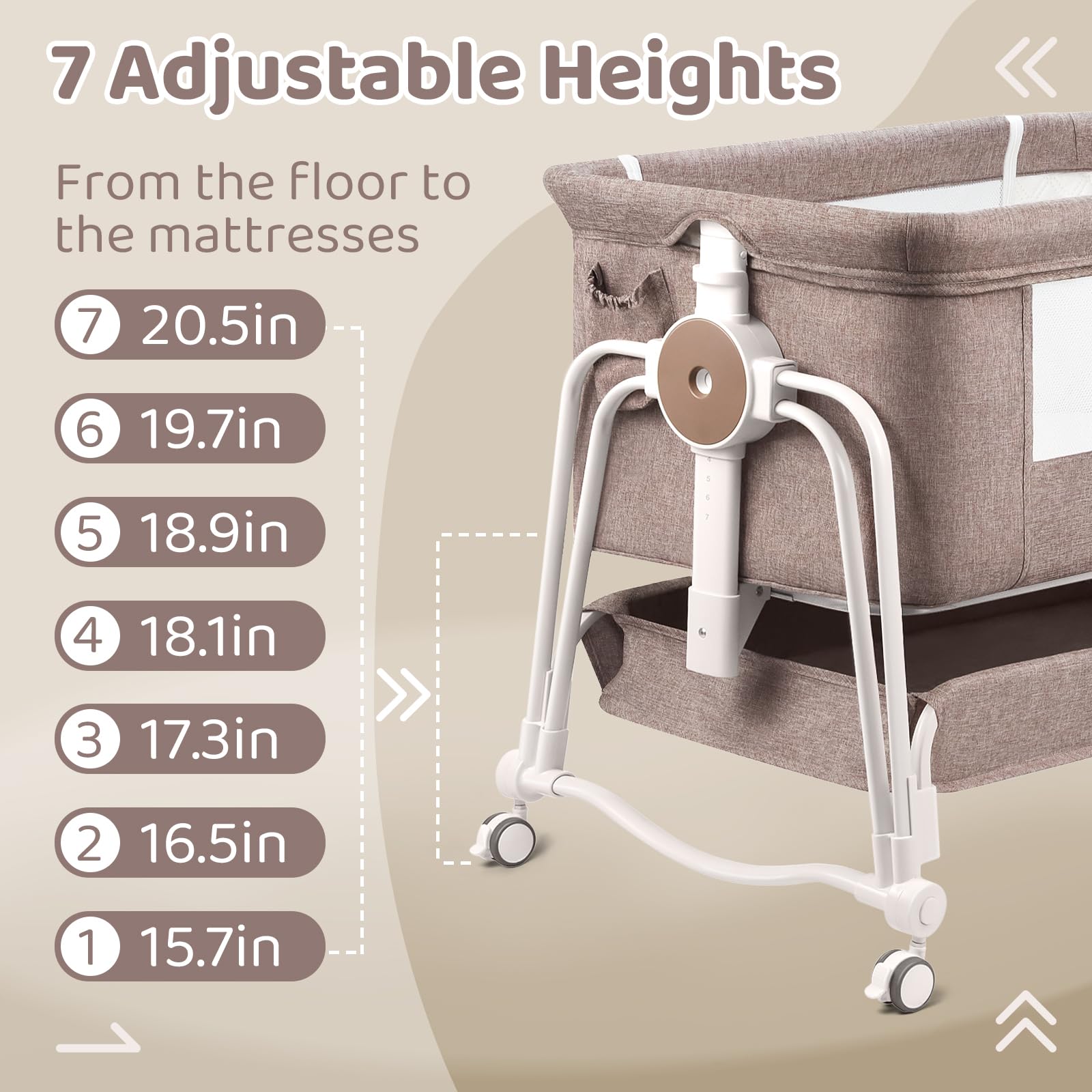 4-in-1 Adjustable Baby Bassinet with Lockable Wheels, Storage & Mosquito Net - 7-Level Height Adjustment for Newborns (Khaki) | Perfect for Bedside Sleeping, Nursery & Travel