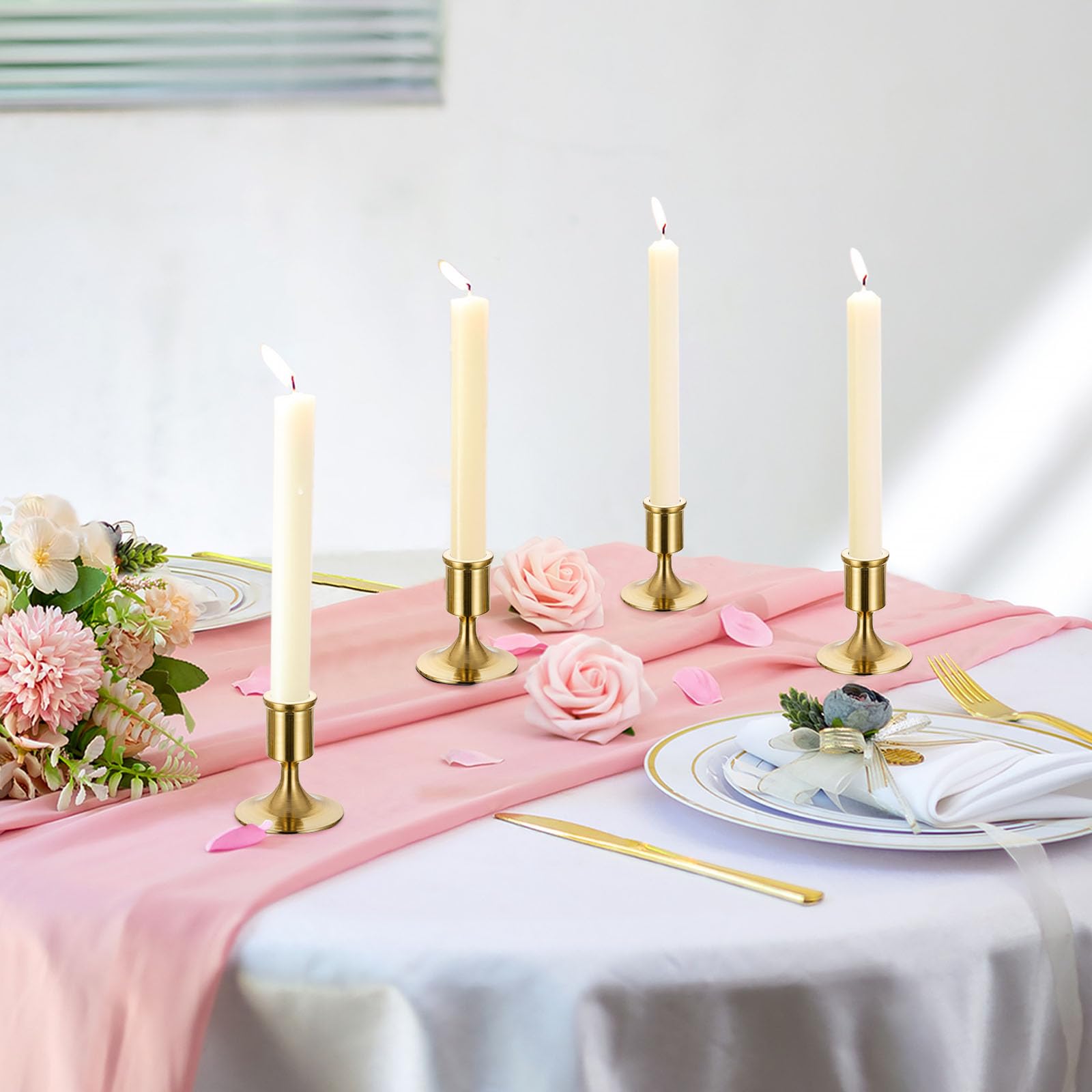 Elegant Gold Taper Candle Holders Set of 12 - Decorative Table Centerpiece for Wedding, Christmas, Bridal Shower & Dinner Party Decor - Perfect for Romantic Candlelight Dinners, Holiday Tablescapes & Special Event Decorations