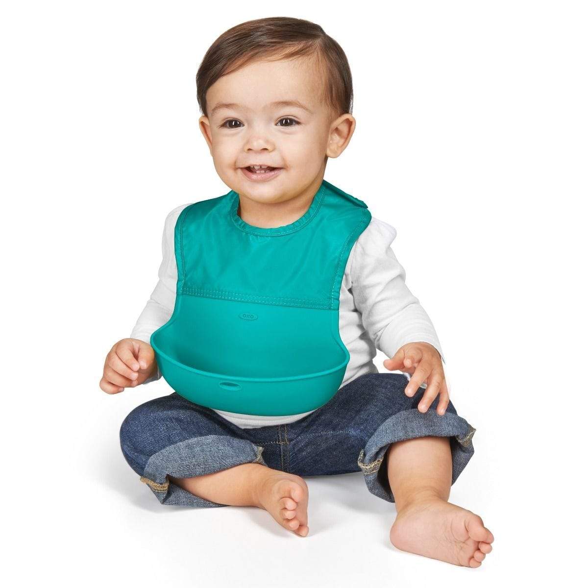 OXO Tot Roll Up Bib 2 Pack - Waterproof Baby Feeding Bibs for Easy Cleanup | Perfect for Travel, Home & Daycare Use