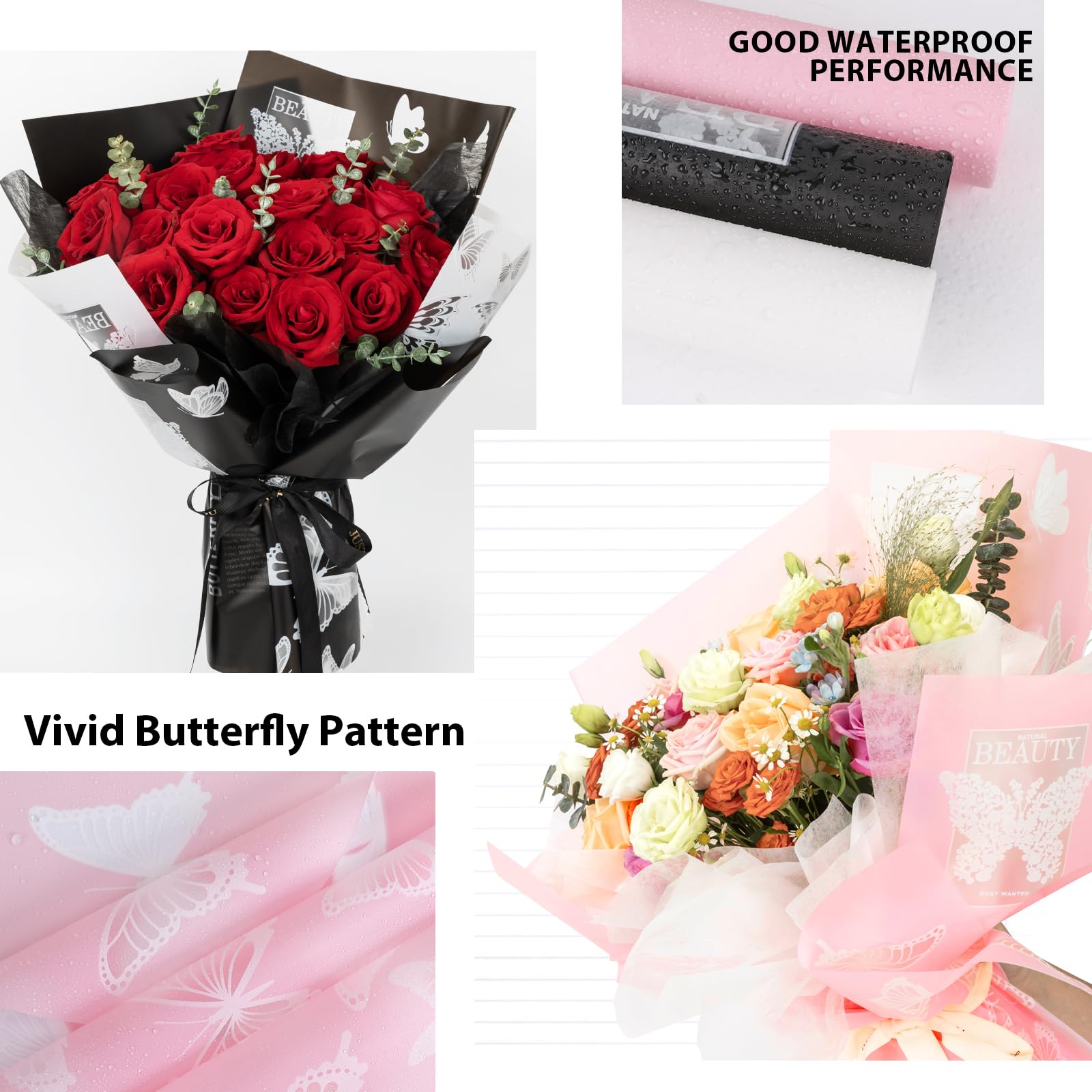 20 Sheet Waterproof Floral Wrapping Paper - Bulk Bouquet Packaging for Wedding, Birthday Gifts & DIY Crafts | Butterfly Pink Design | Perfect for Florists, Event Decor, and Gift Presentation