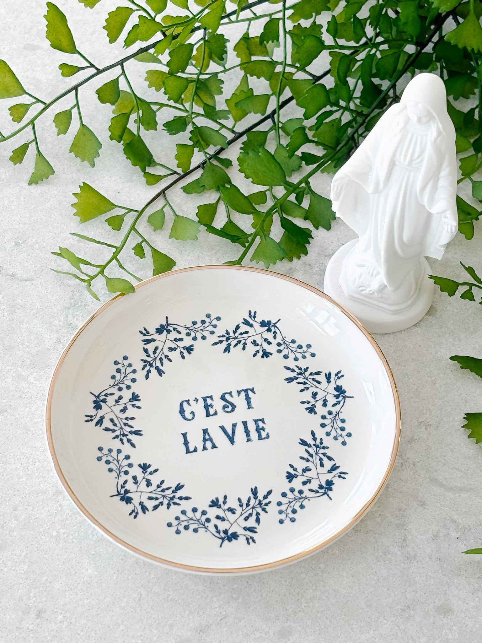 Elegant Jewelry Dish - C'est La Vie Ceramic Ring Holder & Trinket Tray - Perfect for Bathroom Vanity, Bedroom Dresser, and Wedding Gift