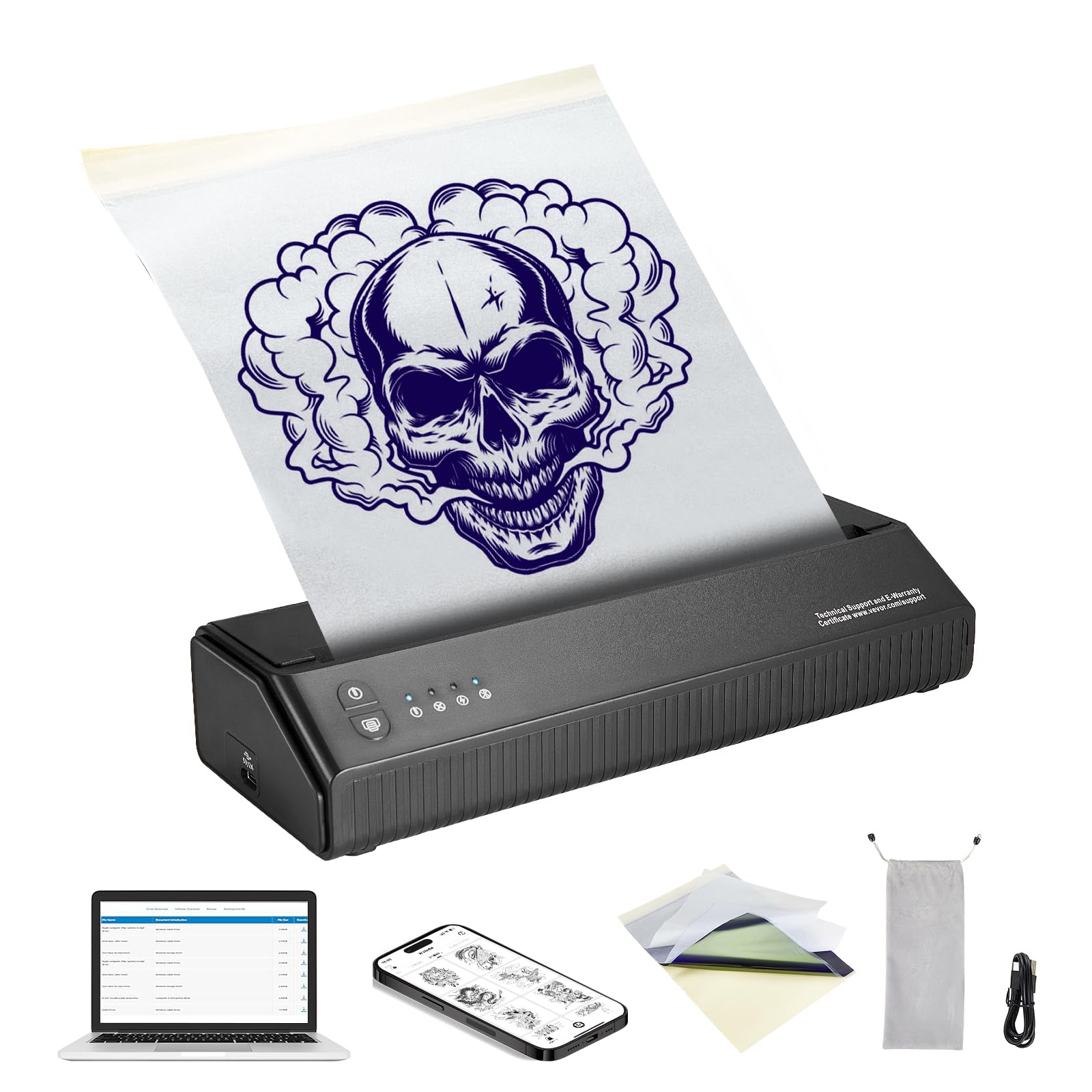 VEVOR Wireless Bluetooth Tattoo Stencil Printer Machine with 10 Transfer Papers - Compatible with iOS, Android, iPad & PC - Portable Tattoo Transfer Kit with Storage Bag - Perfect for Tattoo Artists, Studios & DIY Tattoo Enthusiasts
