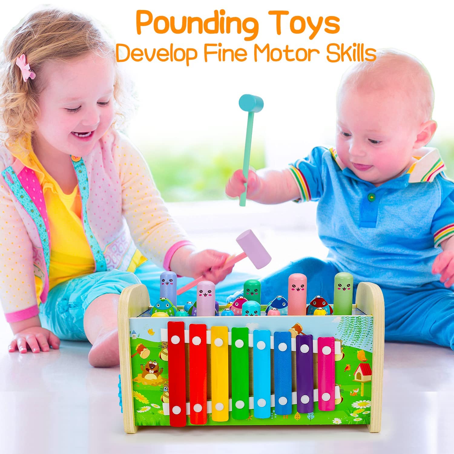 7 in 1 Montessori Wooden Toddler Toys for 1-3 Year Old Boys & Girls - Educational Hammering Pounding Toy with Whack-a-Mole, Fishing Game & Xylophone - Perfect Birthday Gift for 2+ Kids - Ideal for Early Learning, Sensory Play & Fine Motor Skills Development