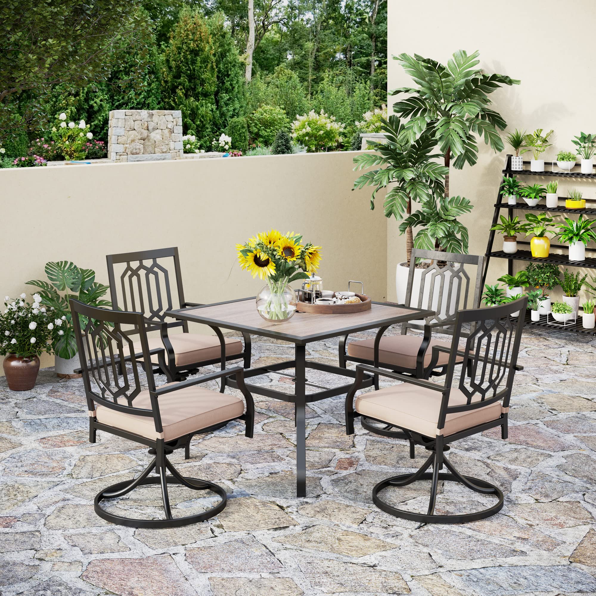 PHI VILLA 4-Piece Outdoor Metal Swivel Rocking Chair Set with Cushions - Patio Dining & Garden Furniture for Backyard, Bistro, Poolside - Black (Weather-Resistant & Comfortable)
