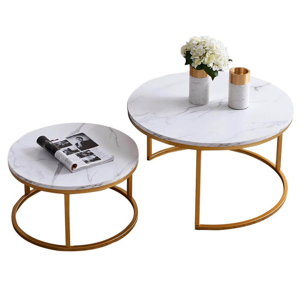 Modern Round Nesting Coffee Table Set of 2 - Metal Frame & Wood Tabletop Accent Side Tables for Living Room, Bedroom, Office - White & Gold Finish - Perfect for Small Spaces, Coffee Serving, and Home Decor
