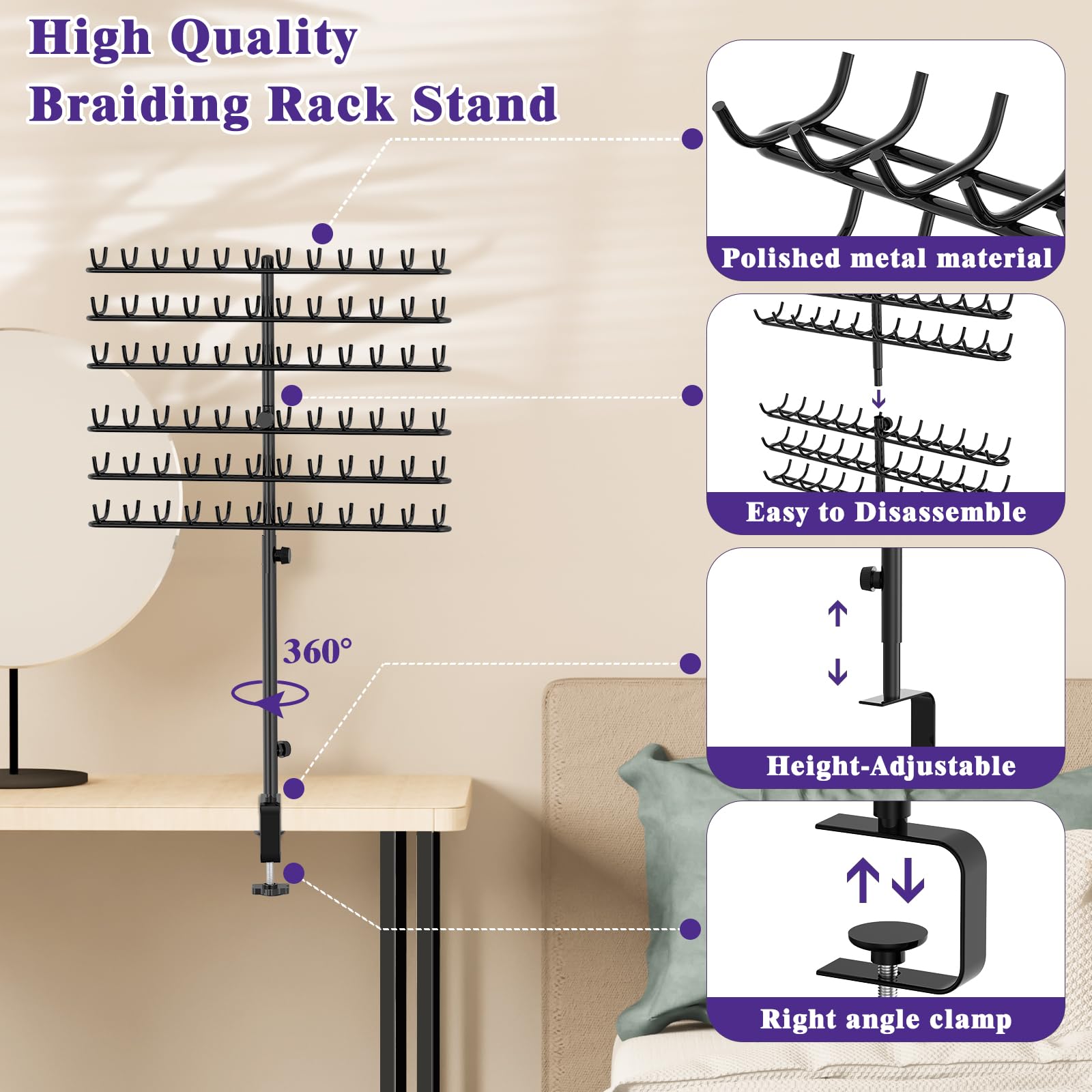 144-Peg Adjustable Hair Braiding Rack - Desktop Hair Extension Holder & Separator Stand for Stylists - Perfect for Salon, Home & Professional Hair Styling